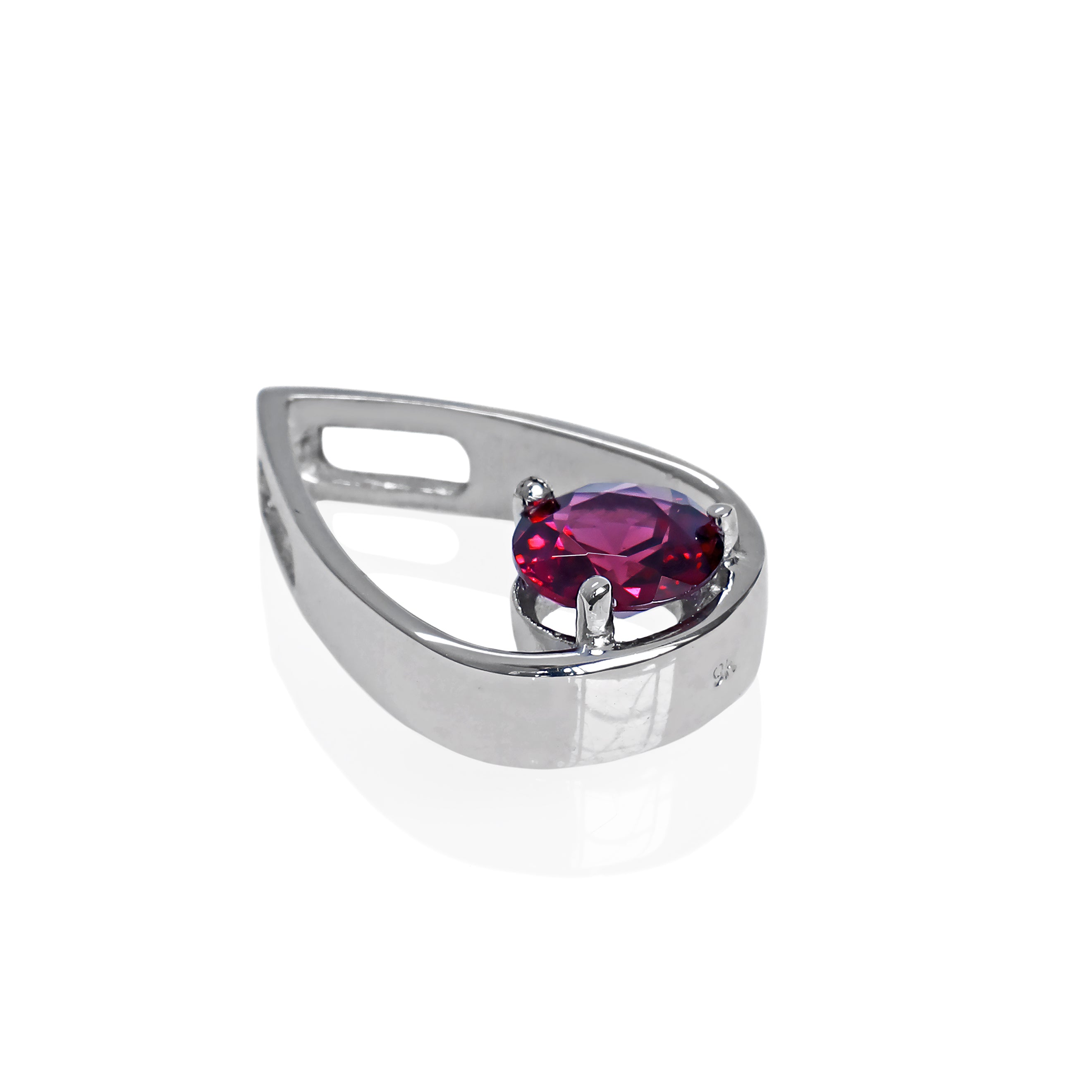 A product photo of a 9k white gold rhodalite pendant supended by a chain against a white background. The pendant's design consists of a solid 9k white gold frame in the shape of a teardrop, with a 6mm round deep purple rhodalite stone sitting at its base, held in place by 3 golden claws.