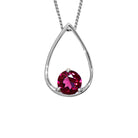 A product photo of a 9k white gold rhodalite pendant supended by a chain against a white background. The pendant's design consists of a solid 9k white gold frame in the shape of a teardrop, with a 6mm round deep purple rhodalite stone sitting at its base, held in place by 3 golden claws.