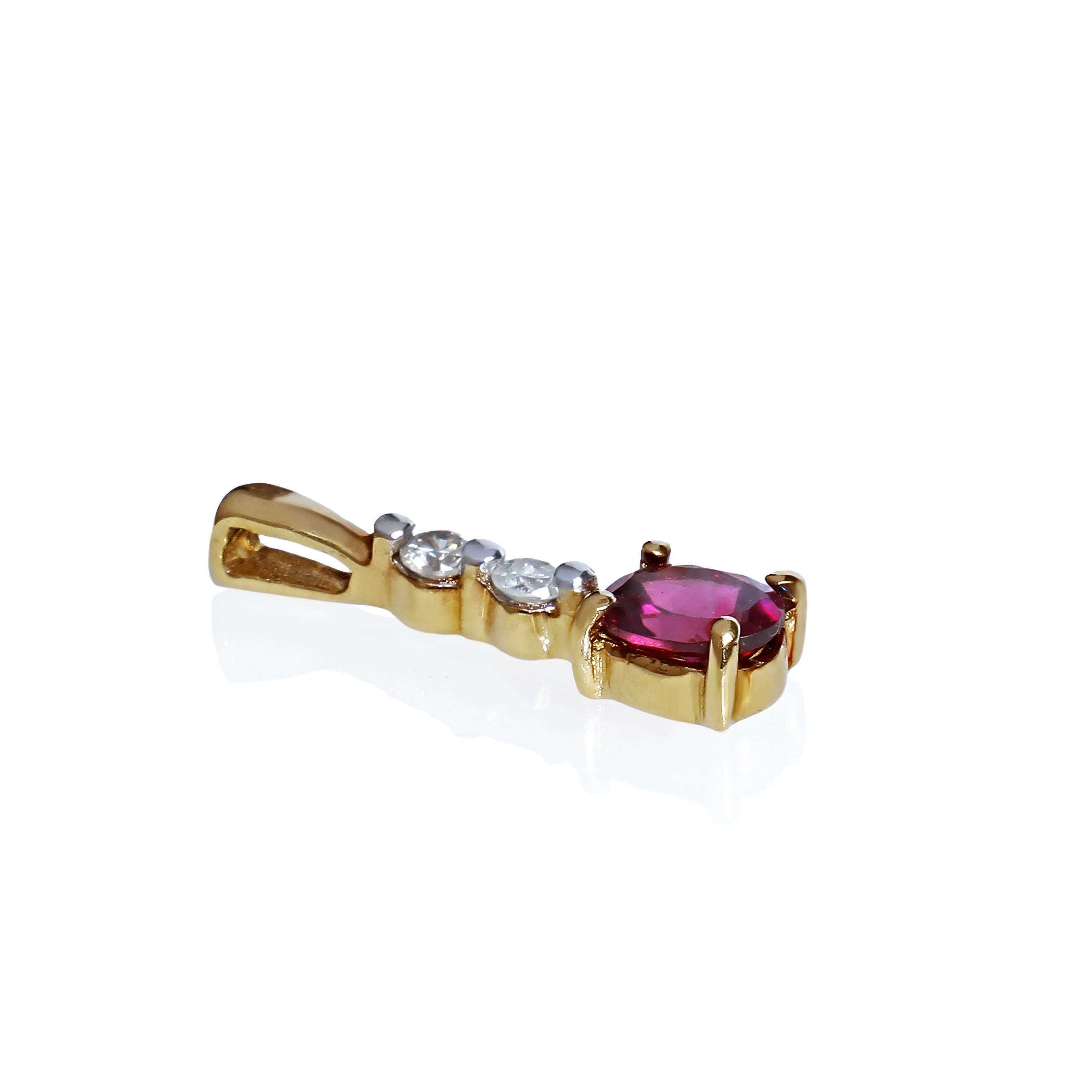 A product photo of a 9k yellow gold diamond and rhodalite garnet pendant supended by a chain against a white background. The pendant is slim and delicate, consisting of 2 0.04ct round white diamonds linked together by golden claw settings, ending off with a gorgeous, oval-shaped plum rhodalite jewel as the main attraction.
