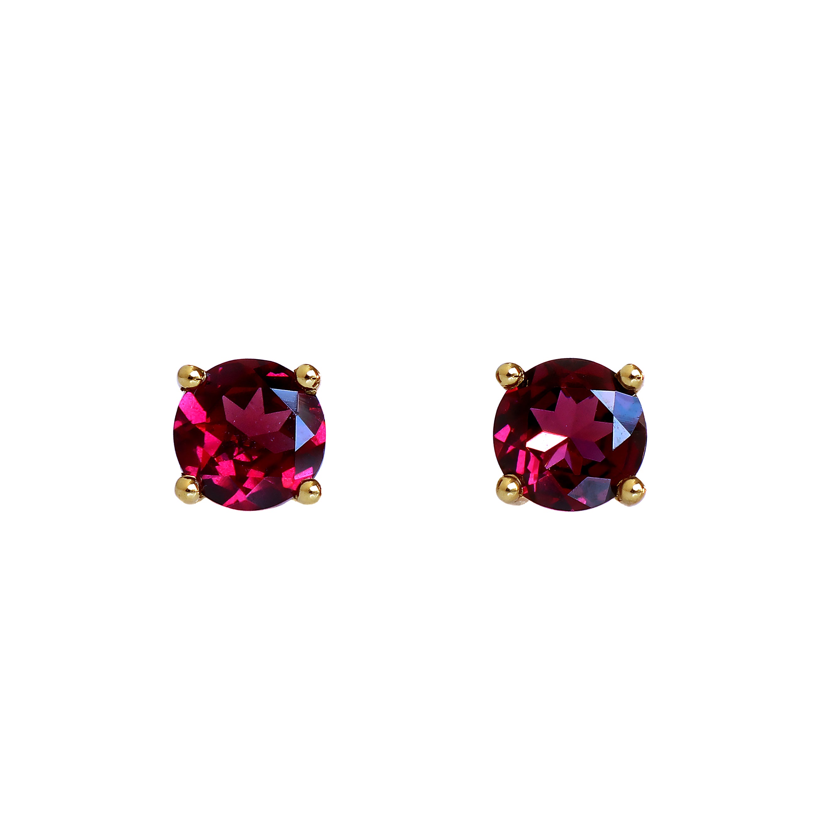 A product photo of two 9 karat yellow gold stud earrings sitting on a white background. Held in place by 4 golden claws each are two dazzling 6mm round-cut rhodalite garnet stones, reflecting violet and plum light from their many edges.