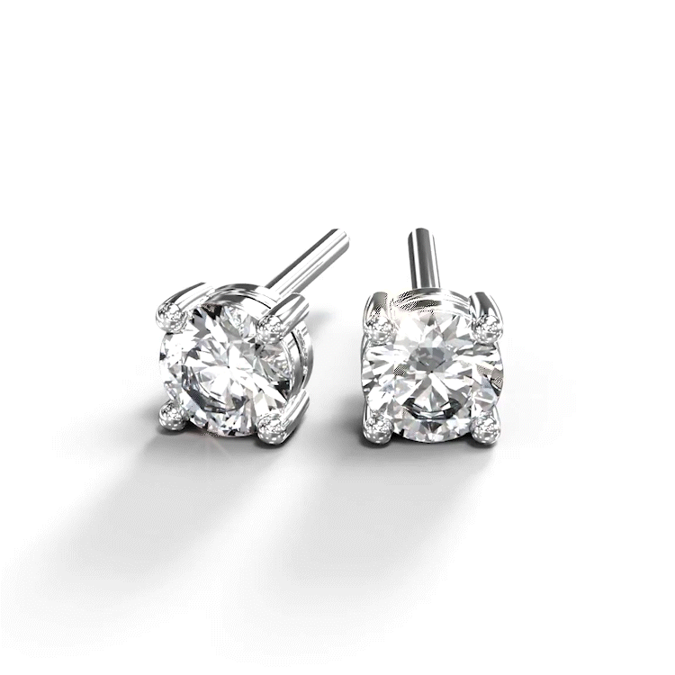 A turntable video of a pair of 9 karat white gold lab diamond stud earrings sitting in the sun on a white textured background. The brilliant, colourless half pointer round diamonds measure approximately 4mm across, and are held in place by a simple 4-claw setting.