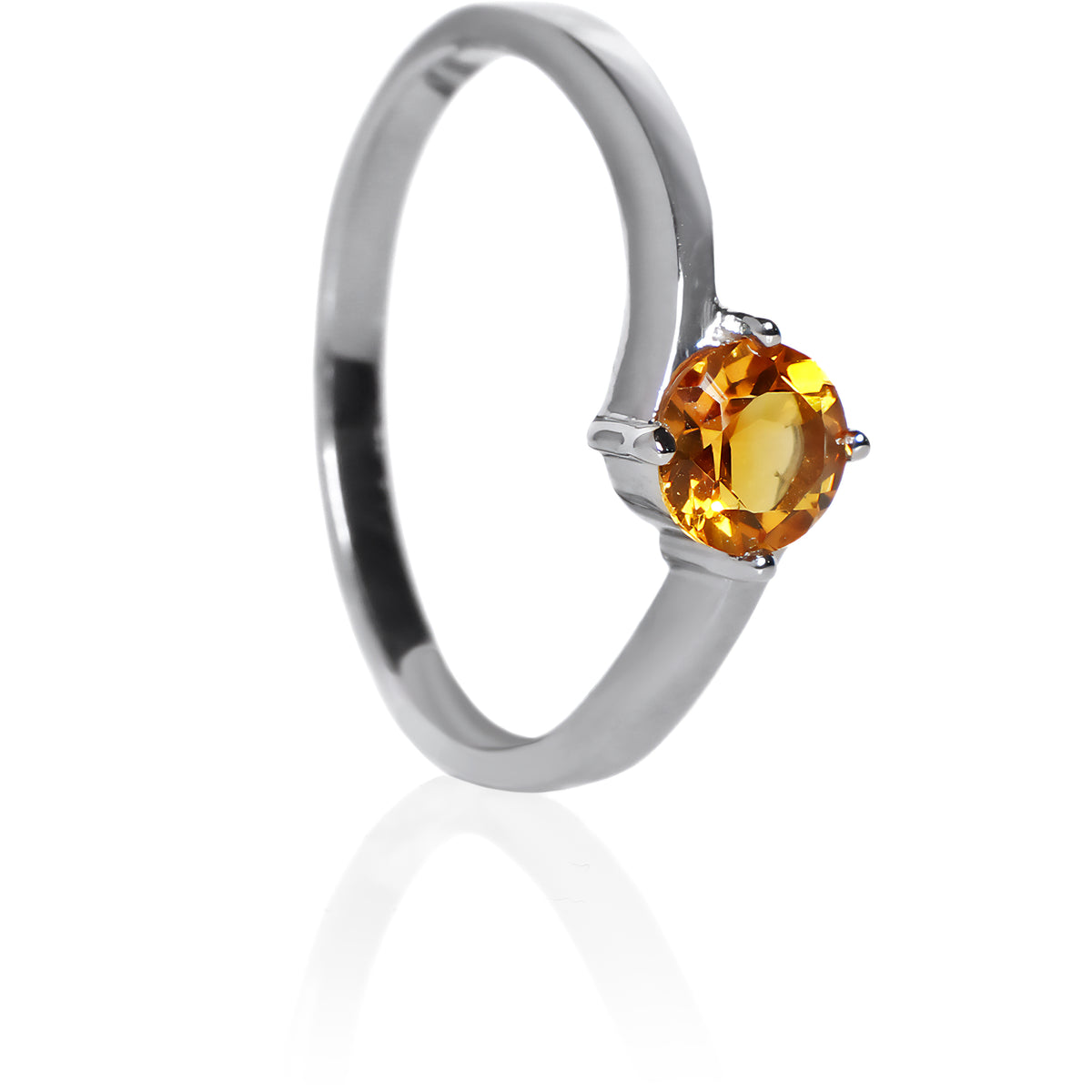 A product photo of a curved-band silver solitaire ring with an nright orange citrine centre stone sitting on a white background.
