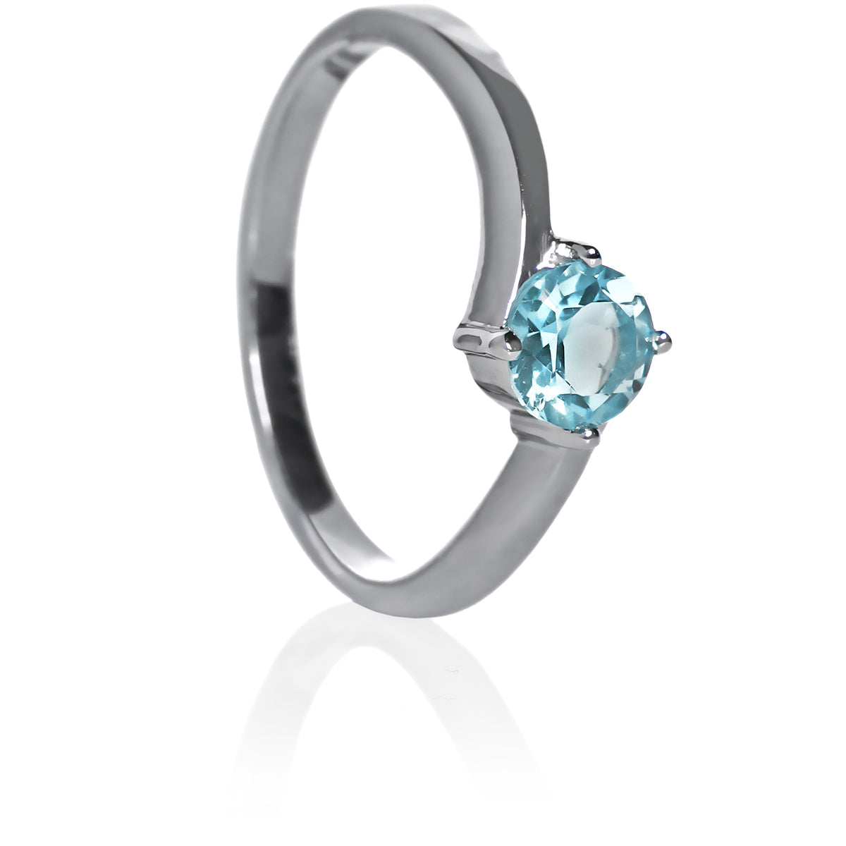 A product photo of a curved-band silver solitaire ring with a pale blue aquamarine centre stone sitting on a white background.