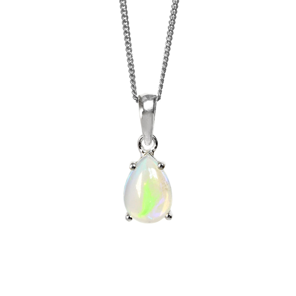 A product photo of a silver Ethiopian Rainbow Opal pendant suspended by a silver chain over a white background. The pear-shaped cabochon opal stone is uniquely translucent, with a moonstone-like sheen and rainbow-coloured fire.