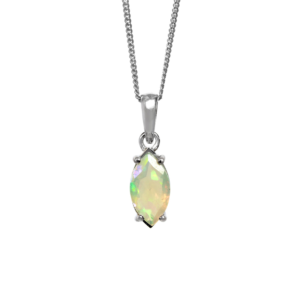 A product photo of a silver Ethiopian Rainbow Opal pendant suspended by a silver chain over a white background.The semi-opaque, light-toned opal reflects rainbow-coloured fire from its faceted edges.