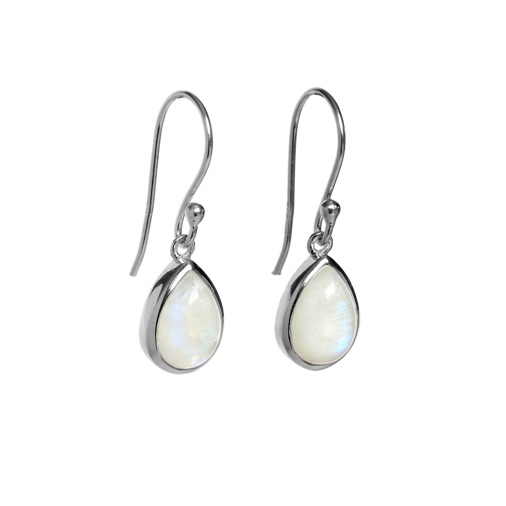 
            
                Load image into Gallery viewer, A product photo of a pair of sterling silver moonstone drop earrings suspended against a white background. The drop earrings feature shepherd hooks, and the 9x6mm pear-shaped cabochon grey moonstones are held in place by silver bezel settings. 
            
        