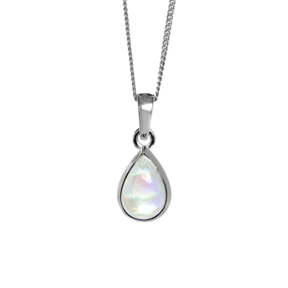 
            
                Load image into Gallery viewer, A product photo of a pear-shaped cabochon moonstone pendant suspended by a chain over a white background. The moonstone gem has a smooth, rounded surface, with milky natural inclusions and a blue moonstone sheen. It is held in place by a thick silver frame.
            
        