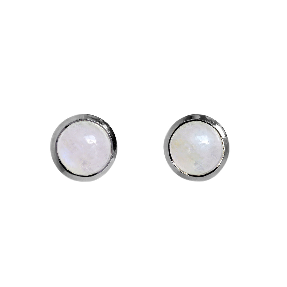 
            
                Load image into Gallery viewer, A product photo of a pair of silver moonstone stud earrings sitting against a white background. The 10mm round gemstones have a grey and blue sheen and unique milky inclusions, and are secured in place in bezel settings.
            
        