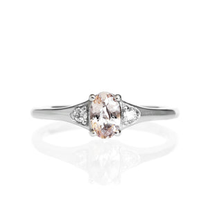 
            
                Load image into Gallery viewer, A product photo of a 9 karat white gold ring with an oval-cut pale pink morganite centre stone sitting on a white background. The golden band is simple and smooth, thickening closer to the face of the ring, framing the 6x4mm morganite stone and diamonds.
            
        