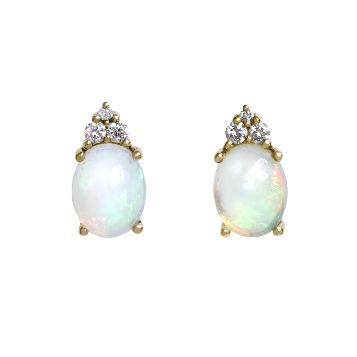 A product photo of a pair of solid 9 carat yellow gold rainbow fire opals and natural diamond trio cluster earrings upon a white background. The large oval rainbow opal gemstones stand in stark contrast to the little clusters of three white sparkling diamond stones on top of each.