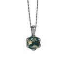 A product photo of a 7mm round moss agate pendant in 925 sterling silver suspended by a gold chain against a white background. The stone is held in place by 6 delicate silver claws. The 7mm round moss agate stone has light semi-opaque base colouring and swirling, dendritic tendrils of deep green and black inclusions