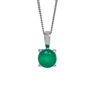 A product photo of a 6mm round green onyx pendant in silver suspended by a silver chain against a white background. The naturally-opaque and cloudy green stone is almost luminous in the light, and is held in place by 4 delicate silver claws.