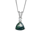 A product photo of a 925 sterling silver moss agate and moissanite necklace suspended against a white background. The beautifully unique trilliant moss agate stone is held in place by 2 claws on each corner, with a singular sparkling moissanite connecting the stone to pendant's split bail.