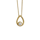 A product photo of a moissanite pendant in yellow gold sits on a clear white background. The pendant is in the shape of a small teardrop, with a petite gold-encased circle-cut moissanite gem nestled at its base. The yellow gold teardrop is smooth and unblemished. 