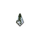 A unique 10x6mm Faceted Kite-Shaped Moss Agate on a white background. An exquisite natural loose gemstone featuring vibrant, forest green moss-like dendritic inclusions. Ideal for contemporary designs, perfect for Art Deco revival designs, geometric jewellery, side stones, or as a focal point in custom engagement rings. Perfect for lovers of nature and shoppers with alternative taste. A highly popular shape, preferred by bespoke engagement clients.