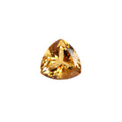 A stunning 12x12x7.6mm trilliant cut citrine gemstone on a white background, featuring a rich, natural orange-yellow quartz hue. This beautifully-faceted citrine trillion, also known as the November birthstone, is ideal  for bespoke jewellery design, or as a gift to those with a November birthday.