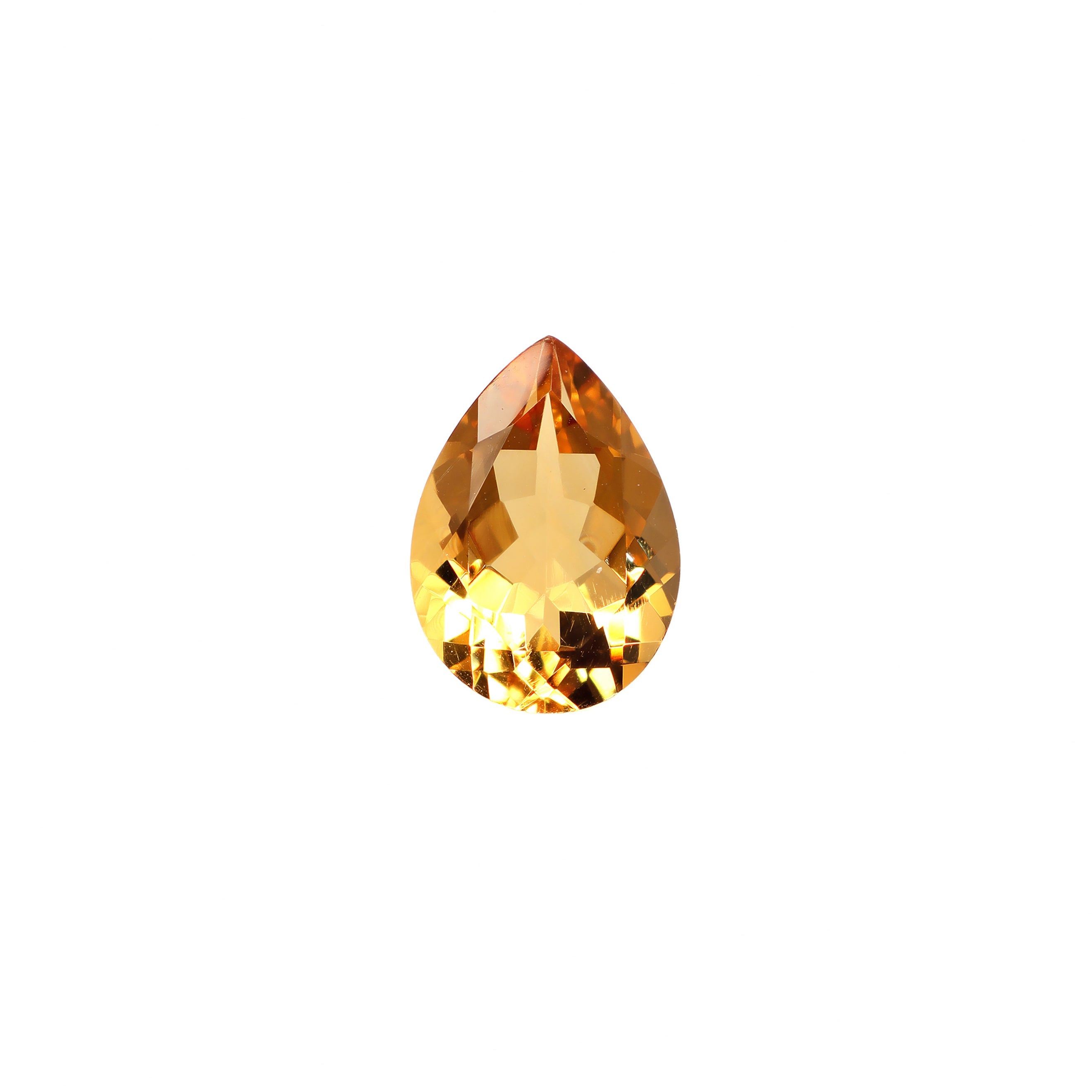 A loose 14x10mm pear-shaped citrine gemstone on a white background. This brilliantly faceted, teardrop shape natural golden-yellow citrine is a stunning centerpiece for custom birthstone jewellery. Ideal for creating a vintage-style pendant or a luxurious statement ring.