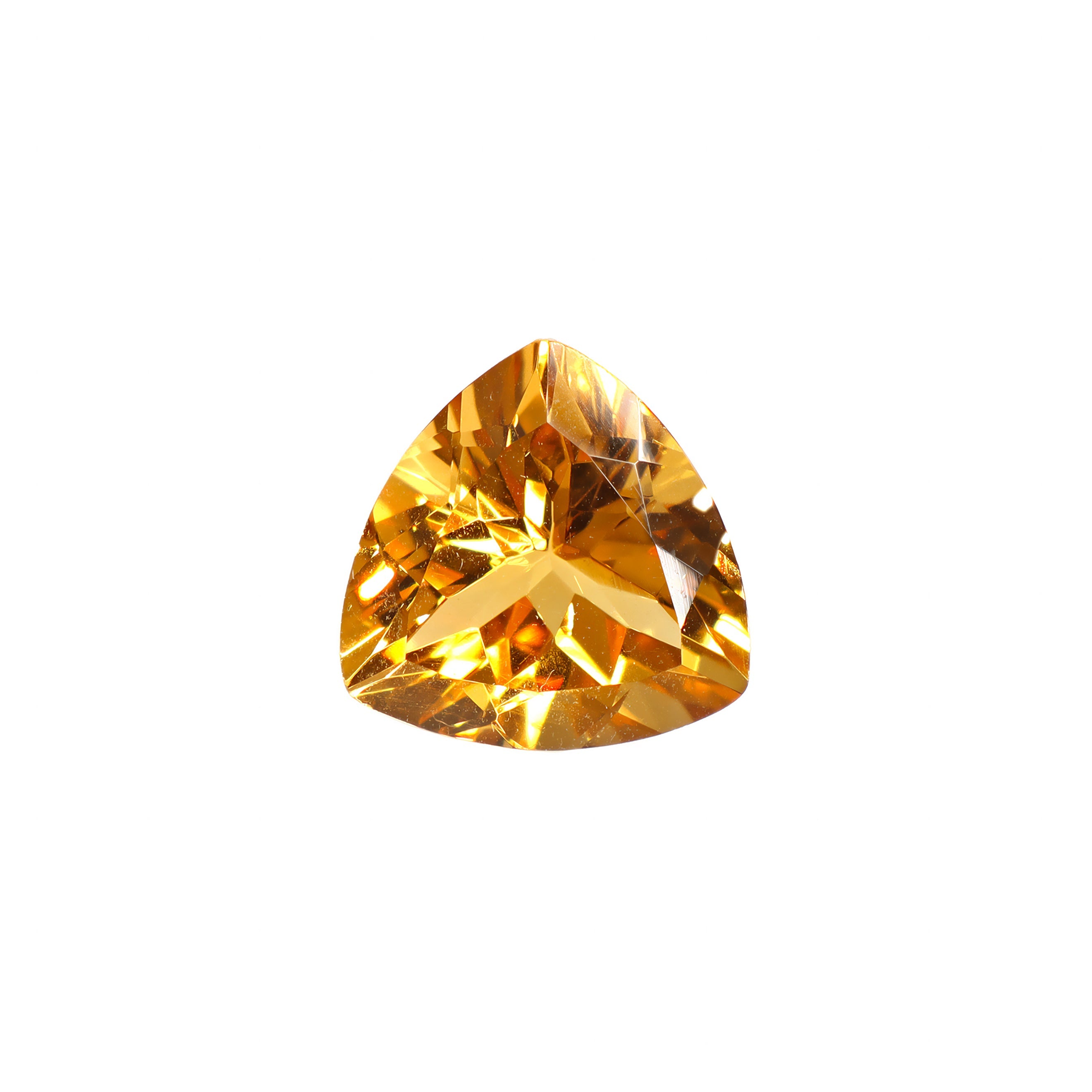 A stunning 14mm trilliant cut citrine gemstone on a white background, featuring a rich, natural orange-yellow quartz hue. This beautifully-faceted citrine trillion, also known as the November birthstone, is ideal  for bespoke jewellery design, or as a gift to those with a November birthday.