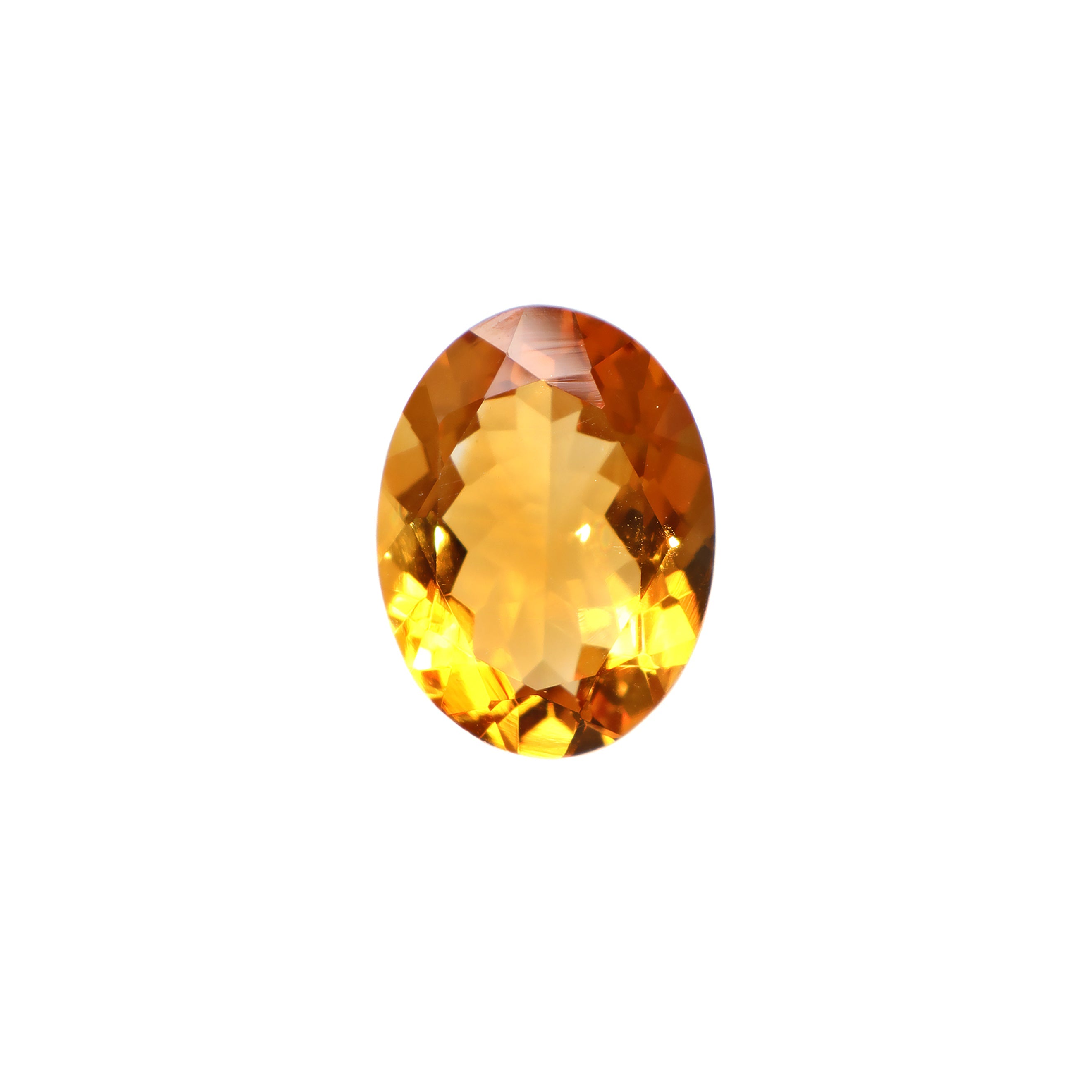 A loose 16x12mm oval citrine gemstone on a white background. This brilliant, golden-yellow citrine, November's birthstone, is perfect for creating custom fine jewellery: including engagement rings, cocktail rings, or a striking birthstone pendant for a loved one born in November. The size of the gemstone is best suited to statement designs.