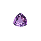 A stunning 12mm trilliant cut amethyst gemstone on a white background, featuring a rich, natural lavender purple hue. This beautifully-faceted trillion February birthstone, is ideal  for bespoke jewellery design, or as a gift to those with a February birthday.