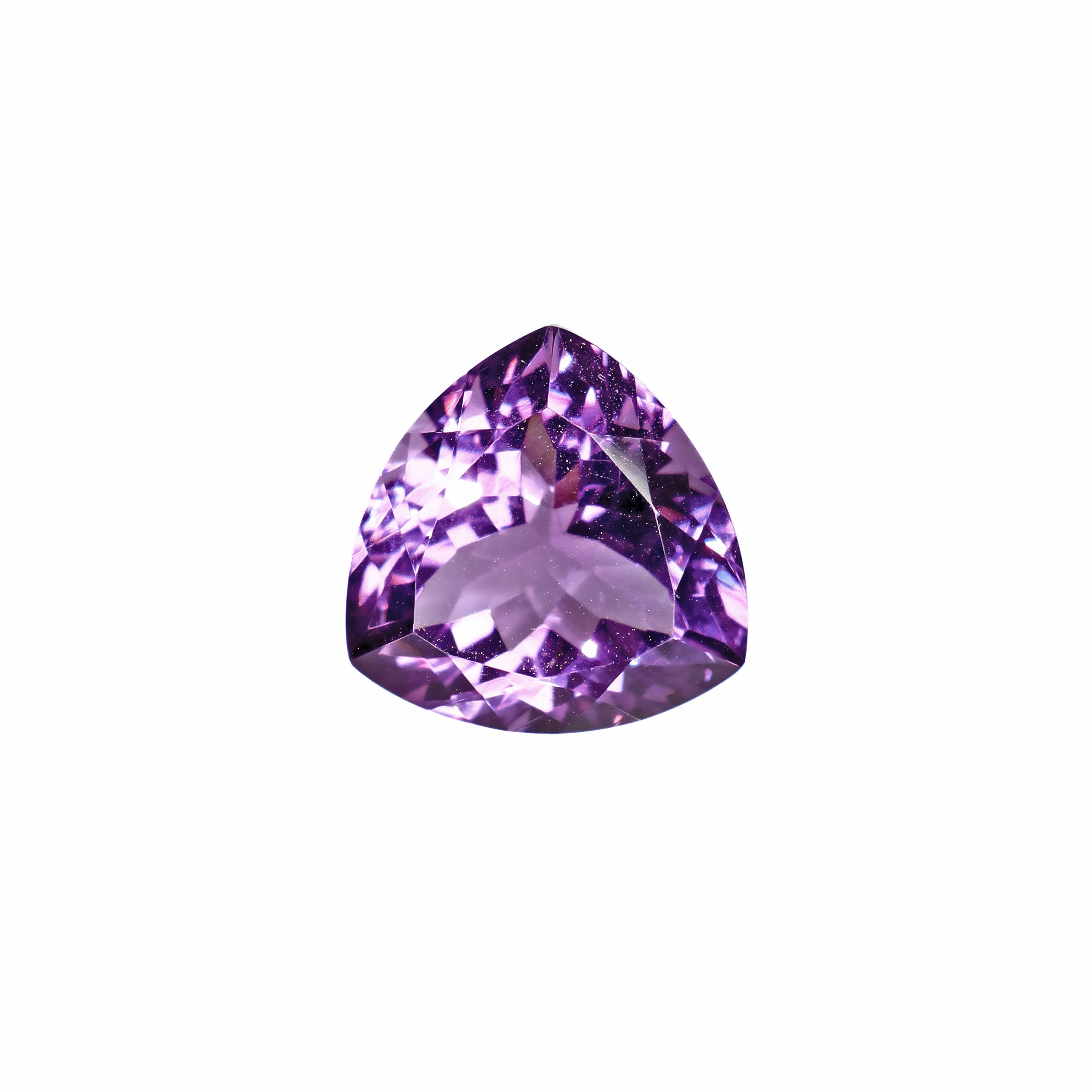 A stunning 14mmtrilliant cut amethyst gemstone on a white background, featuring a rich, natural lavender purple hue. This beautifully-faceted trillion February birthstone, is ideal  for bespoke jewellery design, or as a gift to those with a February birthday.