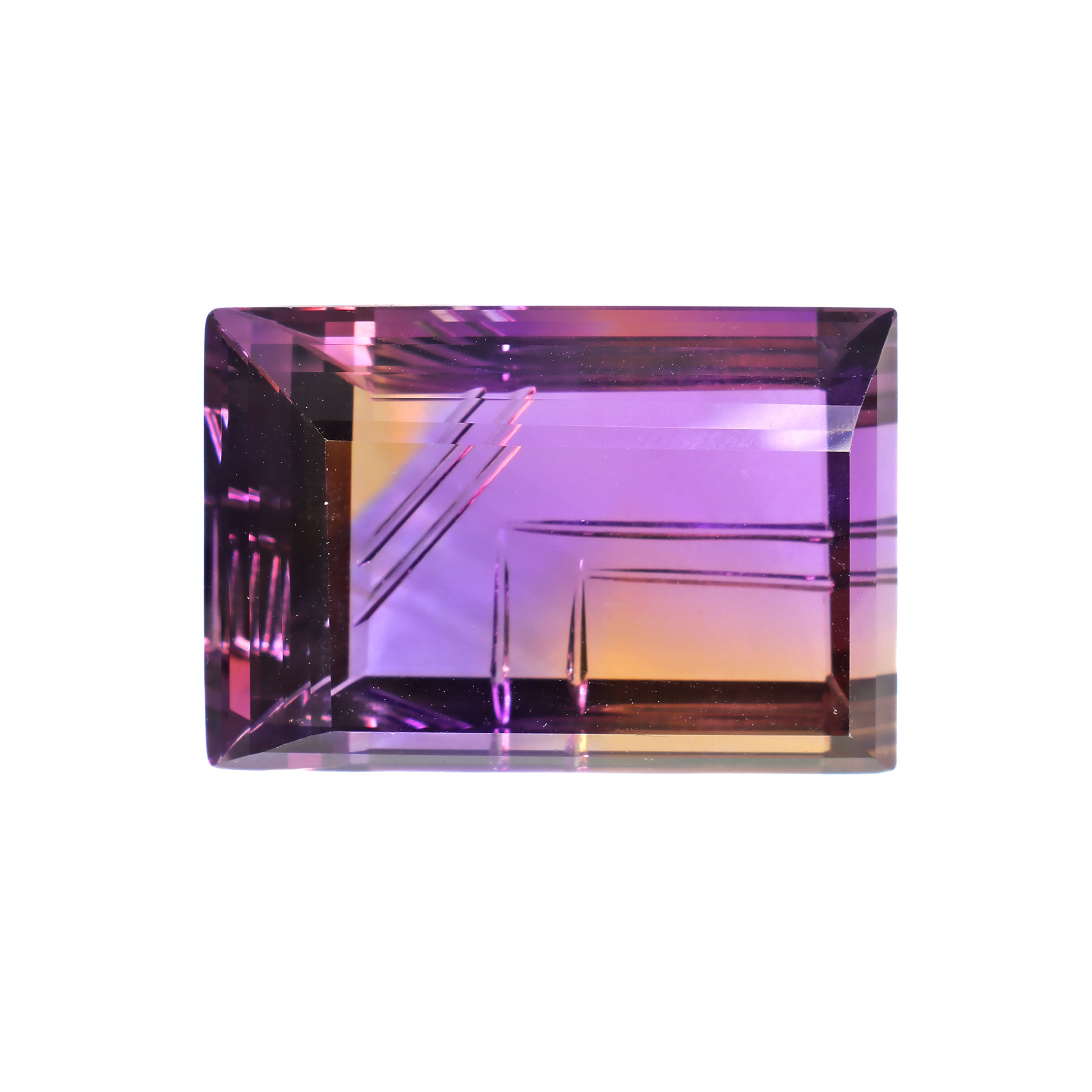 A statement-sized Custom Designer Cut Ametrine on a white background. The stone, cut in an asymmetric baguette/rectangle shape, features a striking transition of purple amethyst and golden citrine zoning, emphasised by laser-engraved line details. Its unique cut and multicolour makeup makes it perfect for a luxury statement necklace, high-end fine jewellery, or as a rare collectible piece.