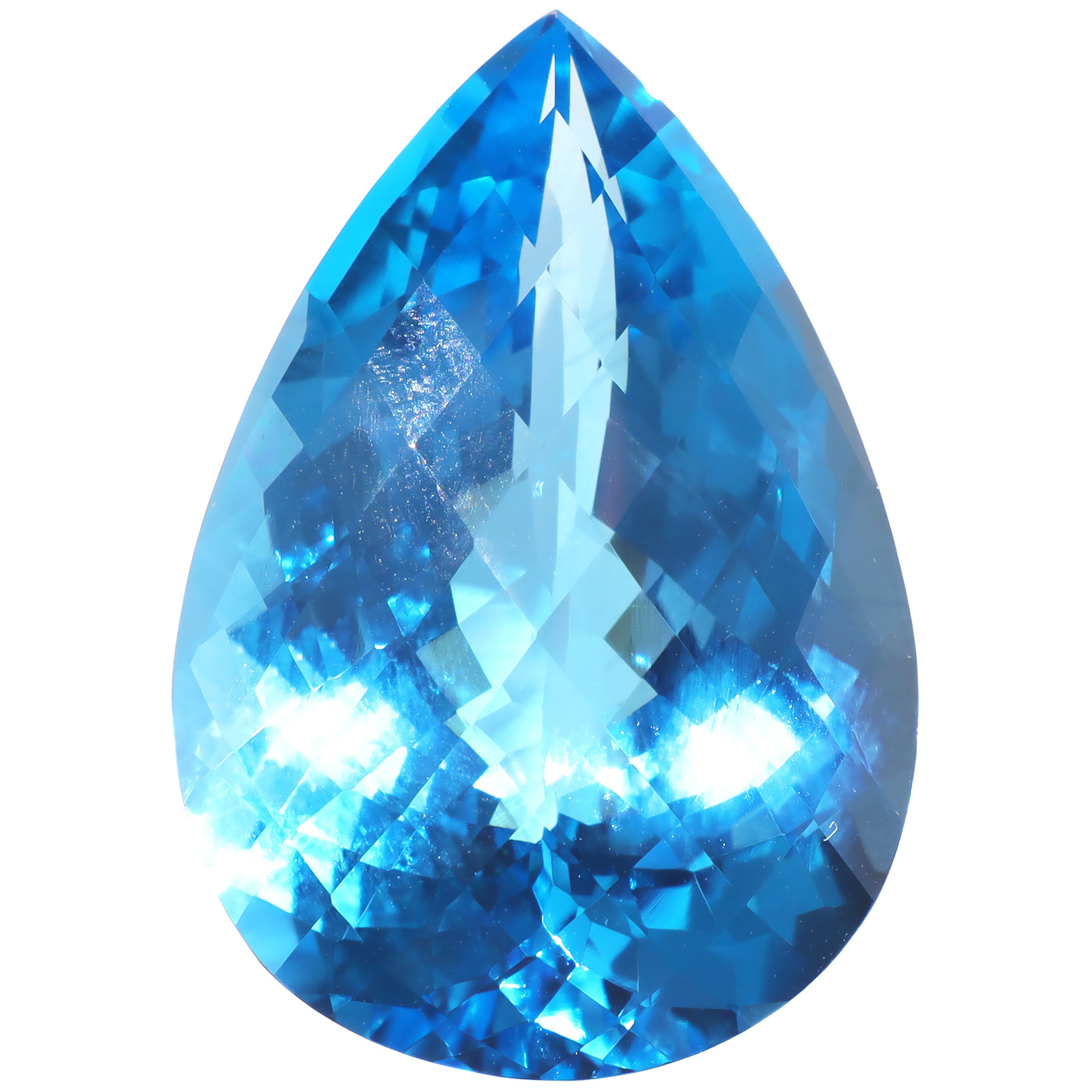 A loose 28x19mm pear-shaped Swiss blue topaz gemstone on a white background. This brilliantly faceted, teardrop shape natural saturated blue topaz is a stunning centerpiece for custom birthstone jewellery designs. Ideal for creating a vintage-style pendant or a luxurious statement ring.