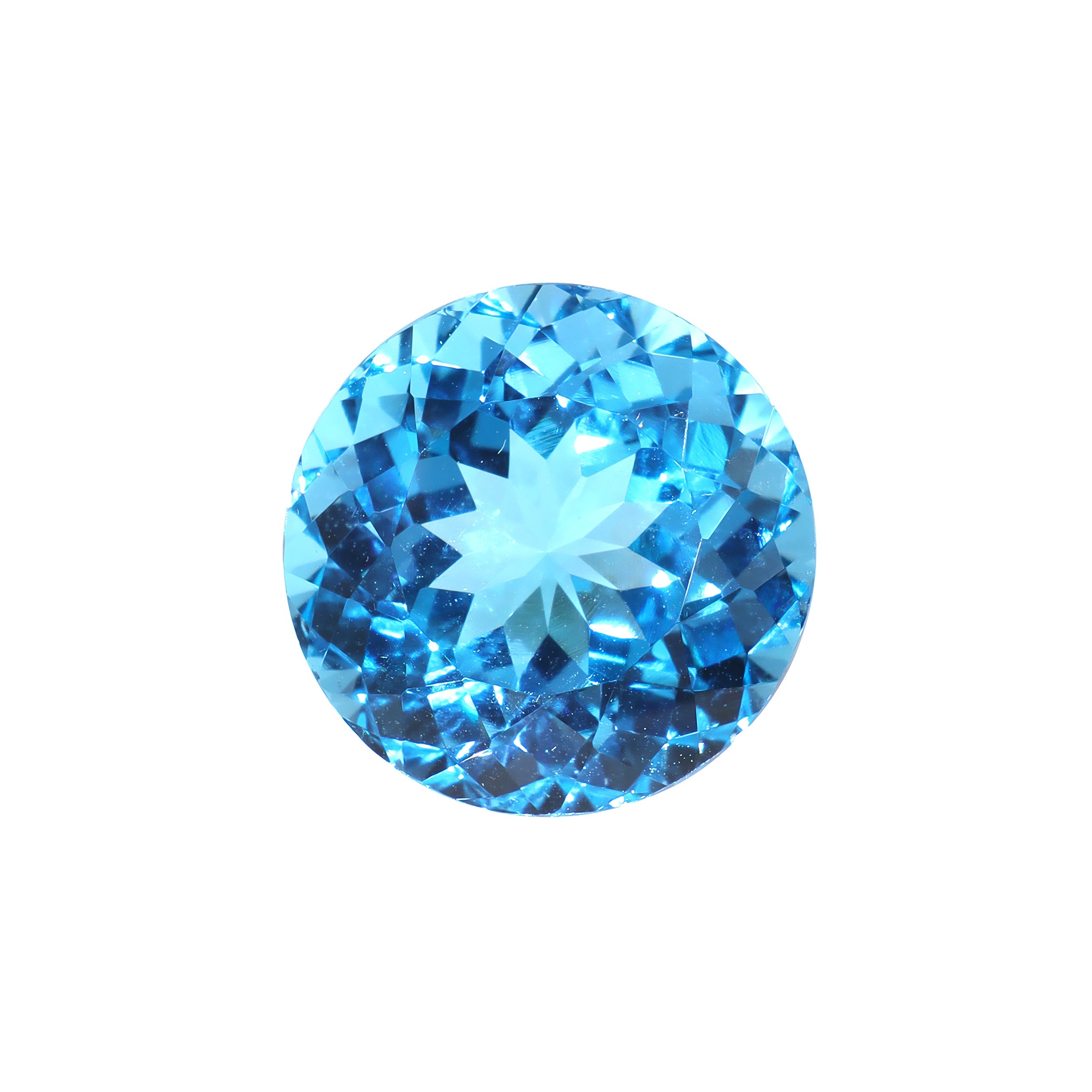 A loose 14mm round Swiss blue topaz gemstone on a white background. This large, brilliantly cut natural topaz displays a vibrant blue hue, perfect for use in bespoke luxury jewellery designs. An excellent choice for a November birthstone pendant, or as an addition to one's personal gemstone collection.