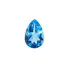 A stunning 12x8mm pear cut Swiss blue topaz gemstone on a white background, featuring a rich, natural vibrant blue hue. This beautifully-faceted topaz pear, also known as the November birthstone, is ideal  for bespoke jewellery design, or as a gift to those with a November birthday.