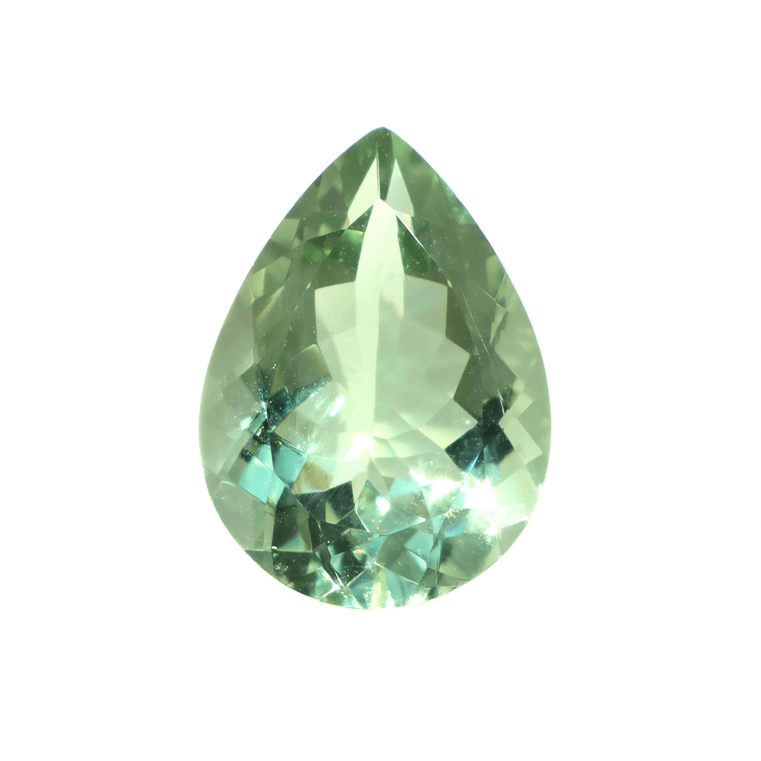 A loose 18x13mm pear-shaped pale green amethyst gemstone on a white background. This brilliantly faceted, teardrop shape amethyst is a stunning centerpiece for custom birthstone jewellery designs. Ideal for creating a vintage-style pendant or a luxurious statement ring.
