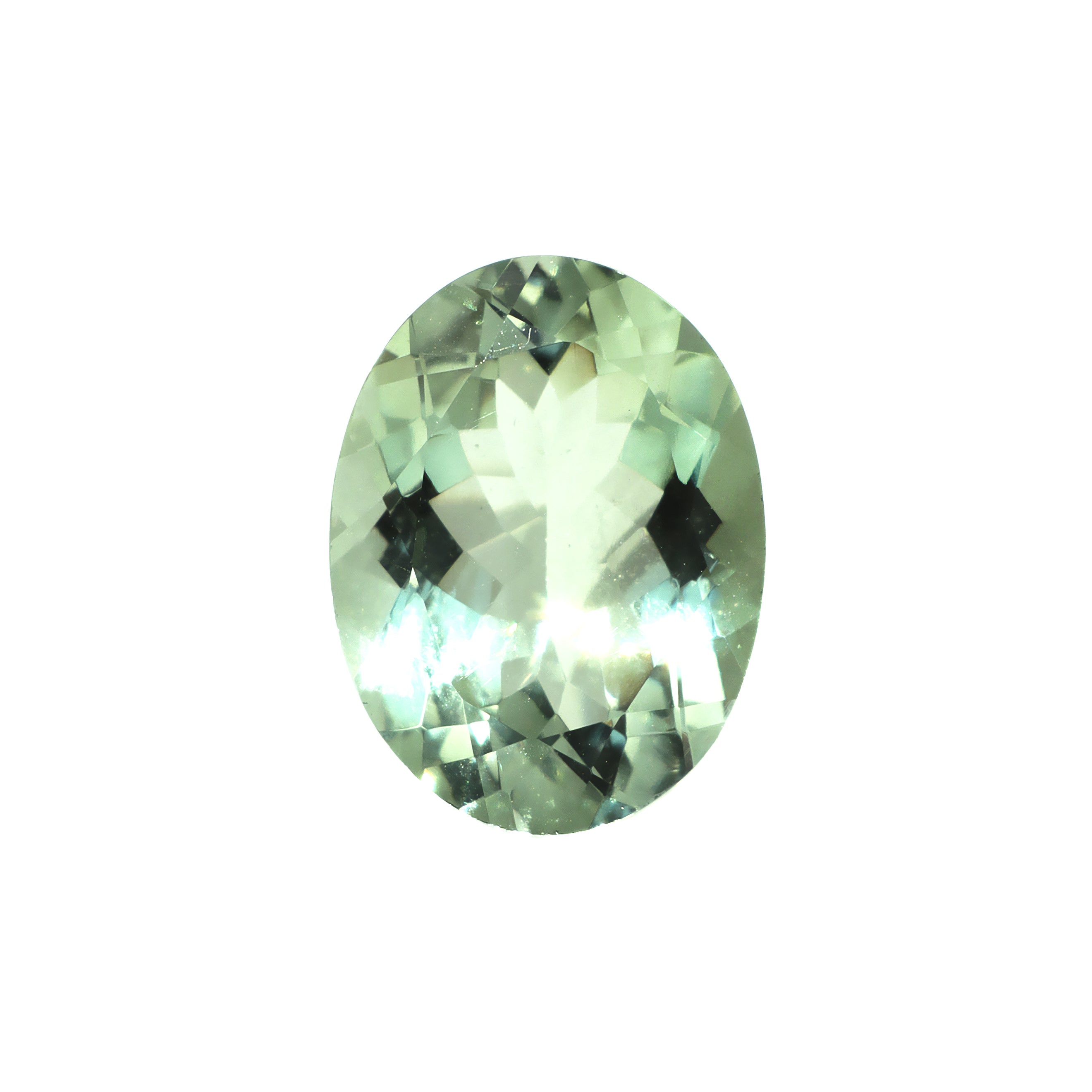 A loose 16x12mm oval green amethyst on a white background. This brilliant, pastel mint green amethyst, February's birthstone, is perfect for creating custom fine jewellery: including engagement rings, cocktail rings, or a striking birthstone pendant for a loved one born in February. The size is large, but small enough for use in everyday wearable jewellery - and is not limited to statement designs.