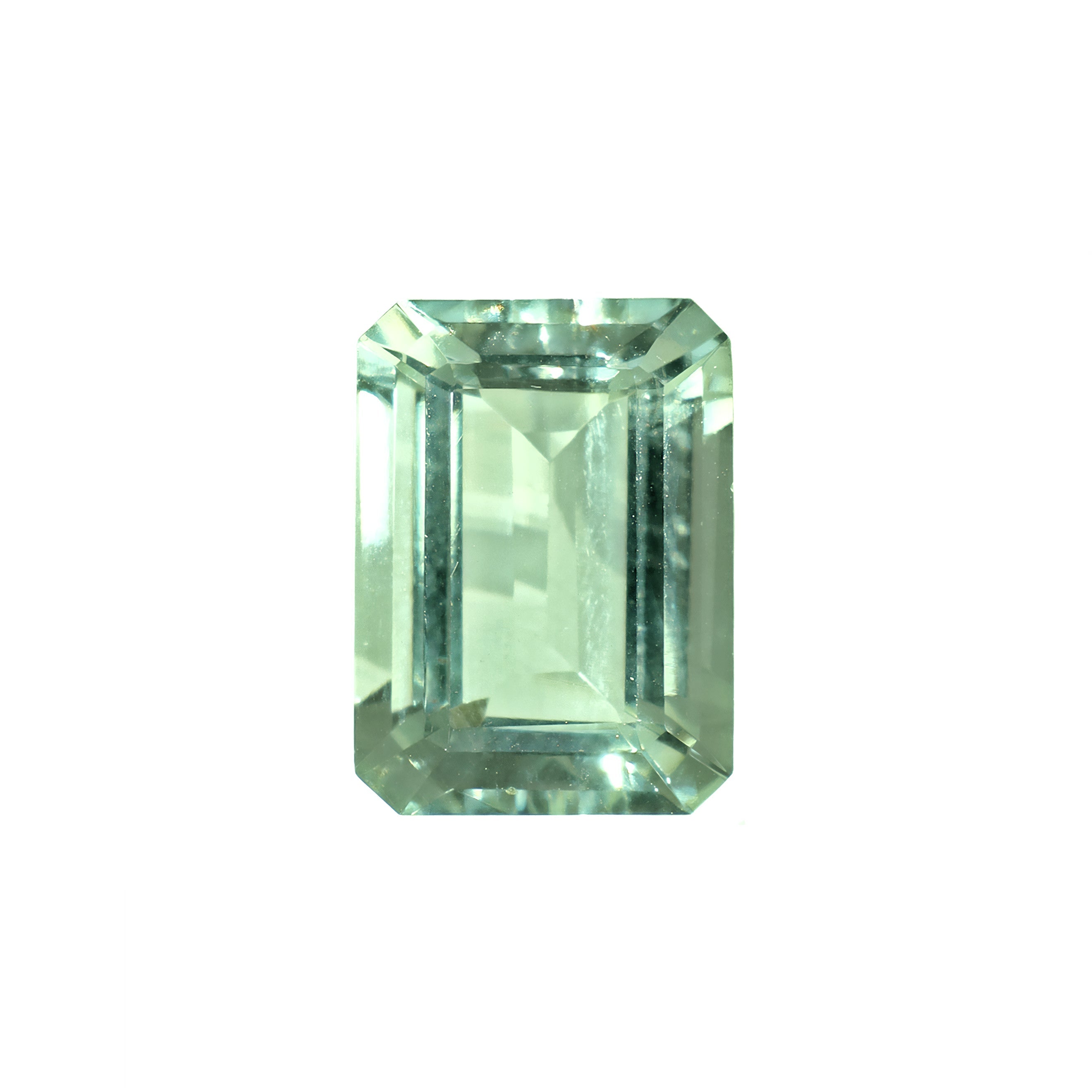 A loose 14x10mm emerald / octagonal green amethyst on a white background. This brilliant, pastel mint green amethyst, February's birthstone, is perfect for creating custom fine jewellery: including engagement rings, cocktail rings, or a striking birthstone pendant for a loved one born in February. The size is large, but small enough for use in everyday wearable jewellery - and is not limited to statement designs.