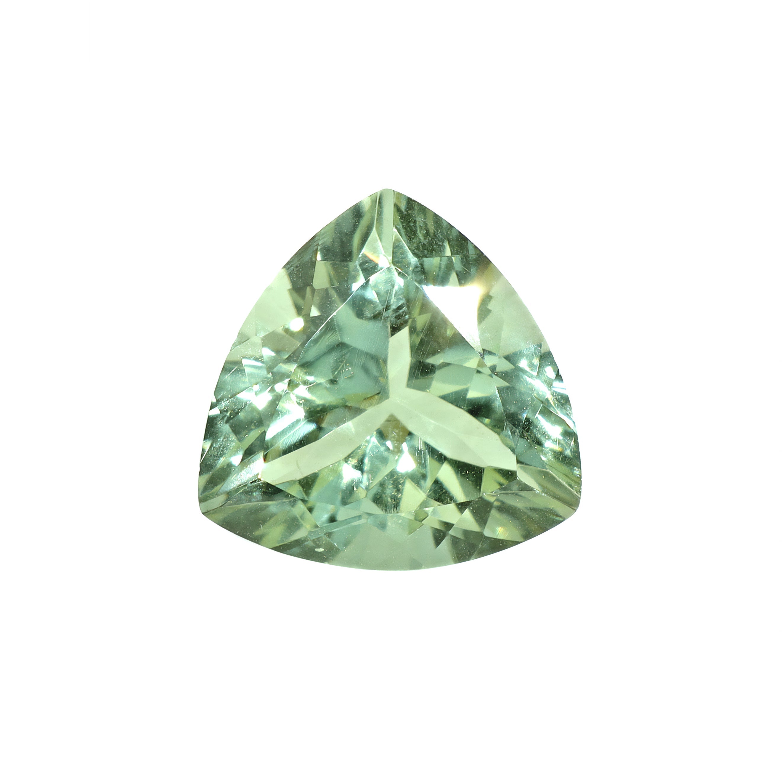 A loose 14mm trillion green amethyst on a white background. This brilliant, pastel mint green amethyst, February's birthstone, is perfect for creating custom fine jewellery: including engagement rings, cocktail rings, or a striking birthstone pendant for a loved one born in February. The size is large, but small enough for use in everyday wearable jewellery - and is not limited to statement designs.