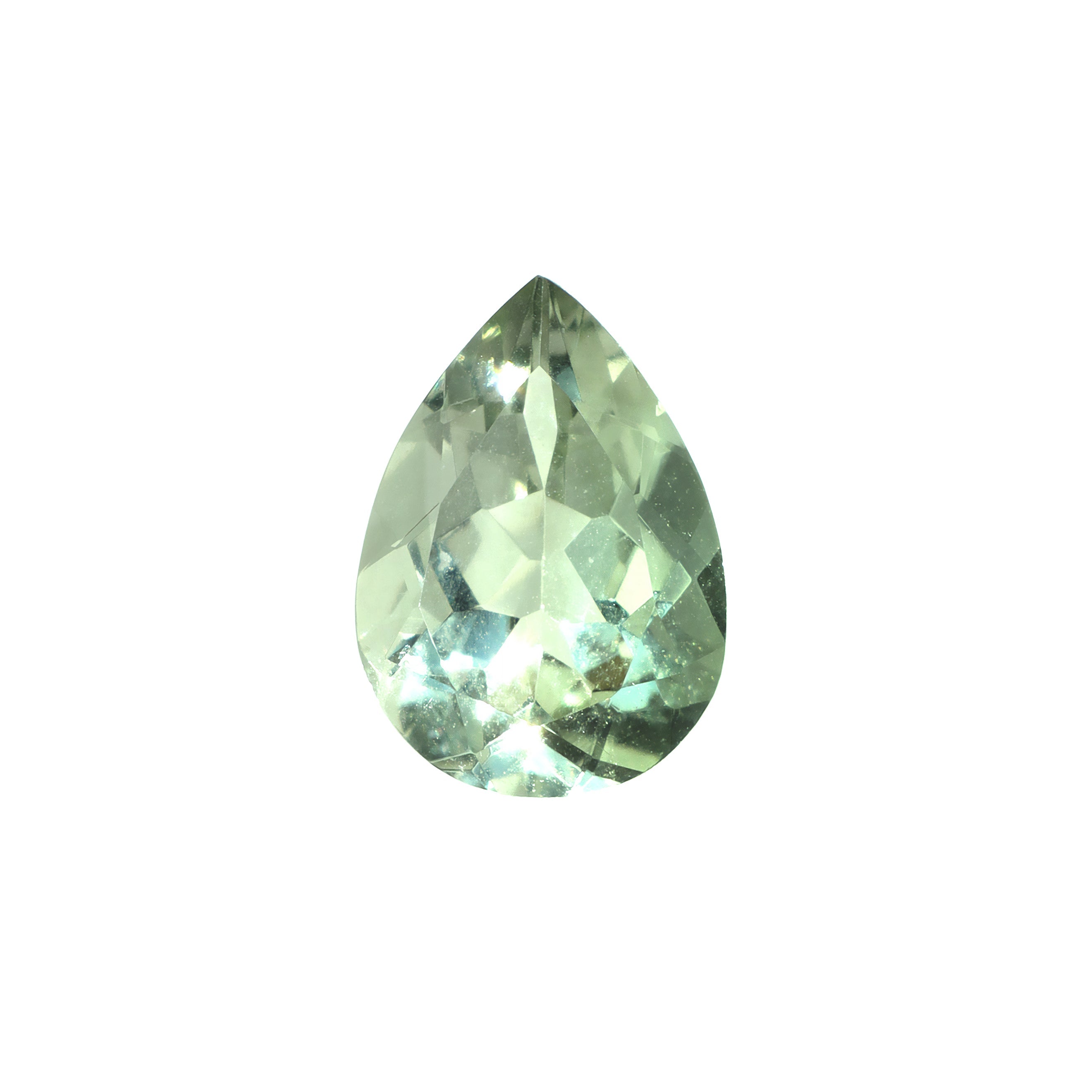 A loose 14x10mm pear green amethyst on a white background. This brilliant, pastel mint green amethyst, February's birthstone, is perfect for creating custom fine jewellery: including engagement rings, cocktail rings, or a striking birthstone pendant for a loved one born in February. The size is large, but small enough for use in everyday wearable jewellery - and is not limited to statement designs.