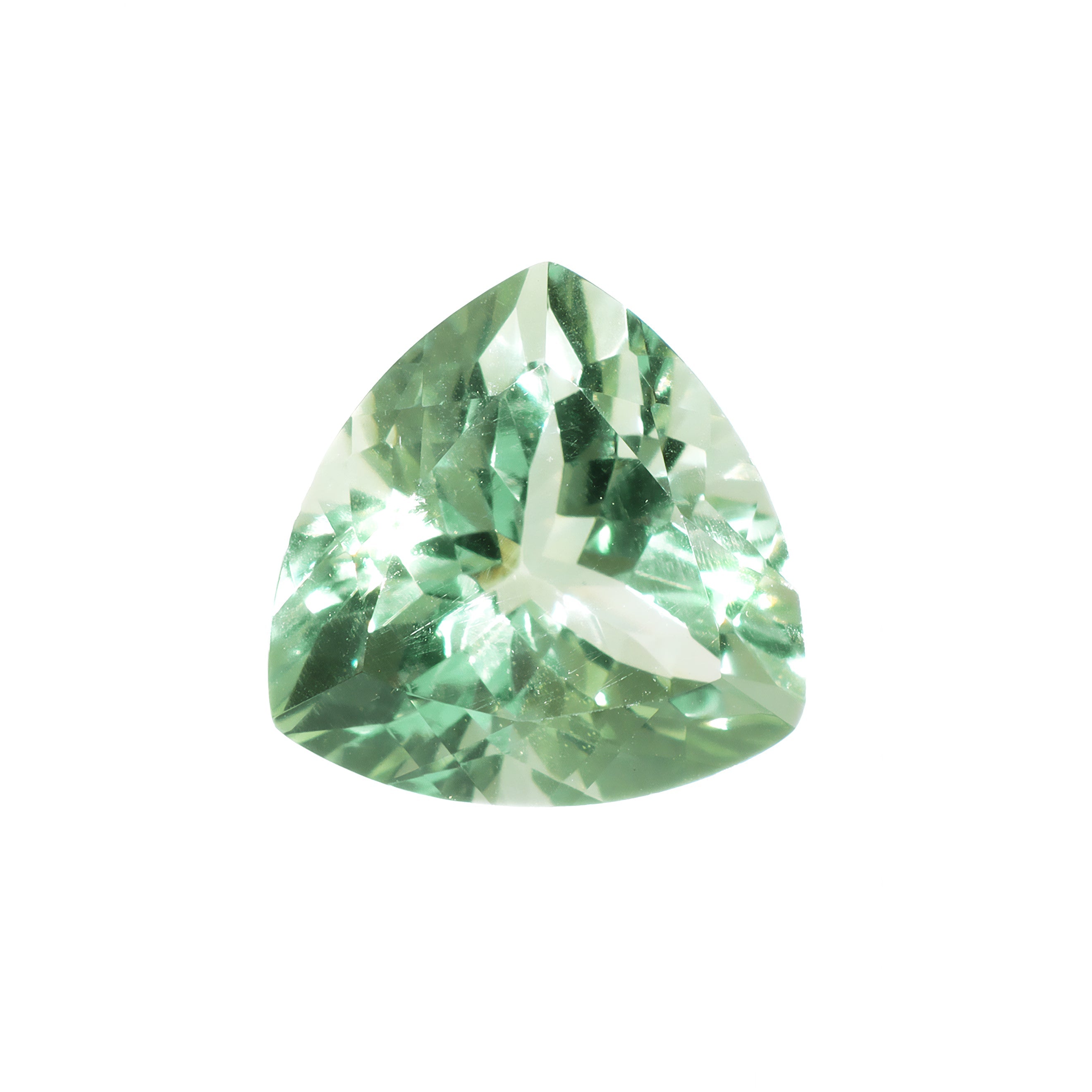 A stunning 14mm trillion cut pastel mint green amethyst gemstone on a white background. This beautifully-faceted citrine amethyst, also known as the February birthstone, is ideal  for bespoke jewellery design, or as a gift to those with a February birthday. Its unusual pale green colouring also makes the stone a great potential addition to any personal loose gemstone collection.