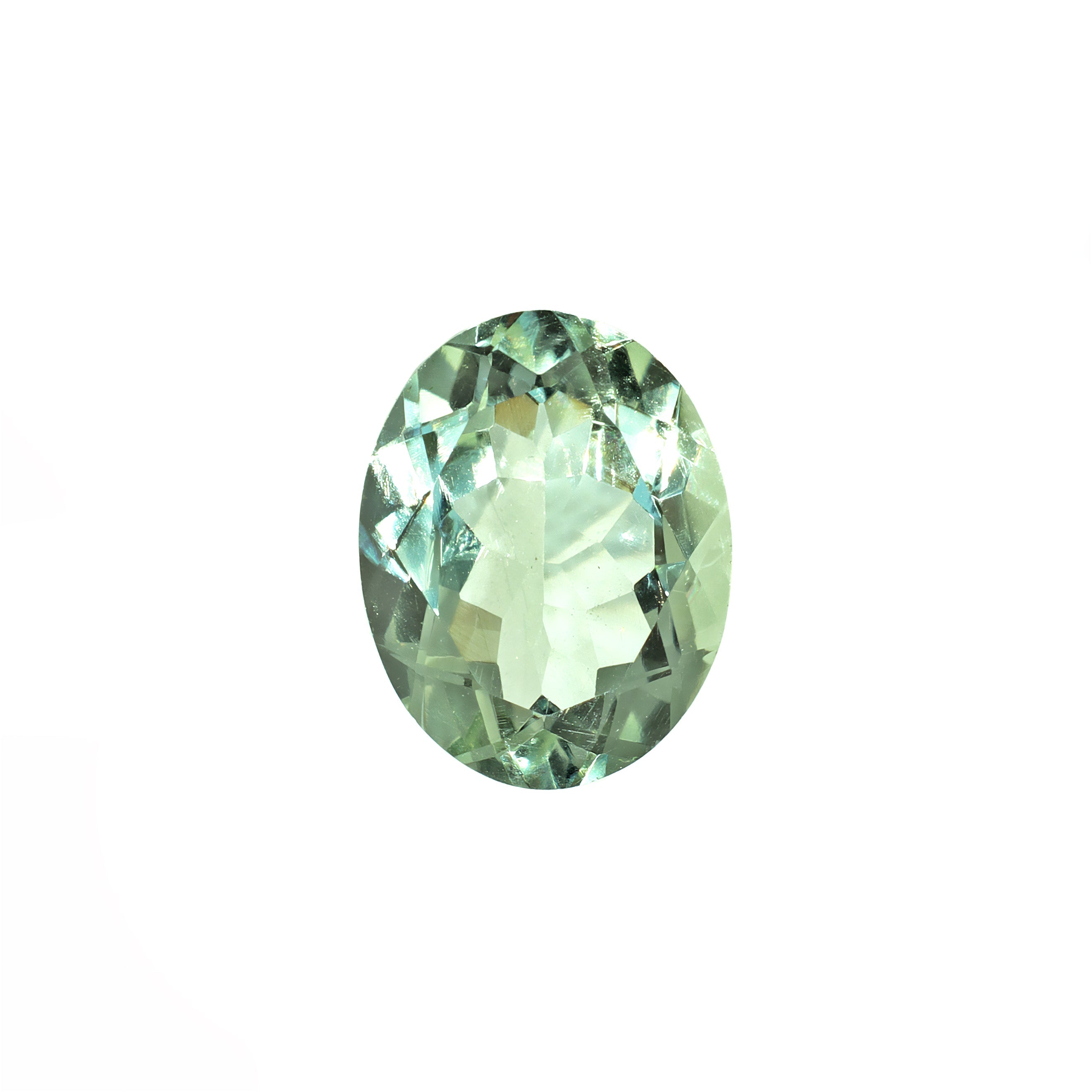 A loose 13x10mm oval green amethyst on a white background. This brilliant, pastel mint green amethyst, February's birthstone, is perfect for creating custom fine jewellery: including engagement rings, cocktail rings, or a striking birthstone pendant for a loved one born in February.