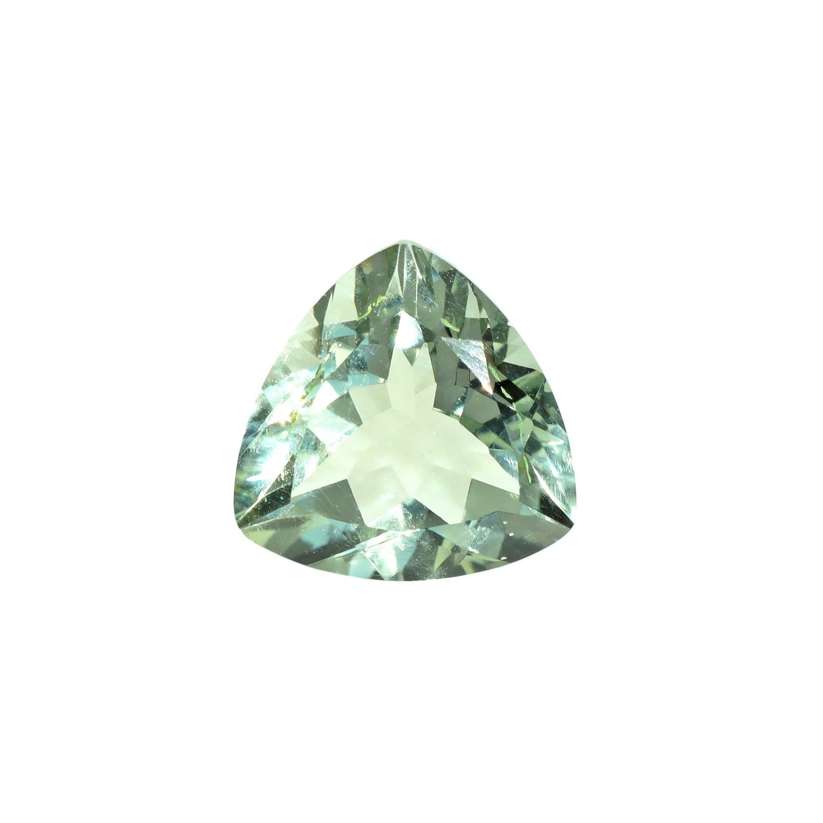 A stunning 12mm trillion cut pastel mint green amethyst gemstone on a white background. This beautifully-faceted citrine amethyst, also known as the February birthstone, is ideal  for bespoke jewellery design, or as a gift to those with a February birthday. Its unusual pale green colouring also makes the stone a great potential addition to any personal loose gemstone collection.