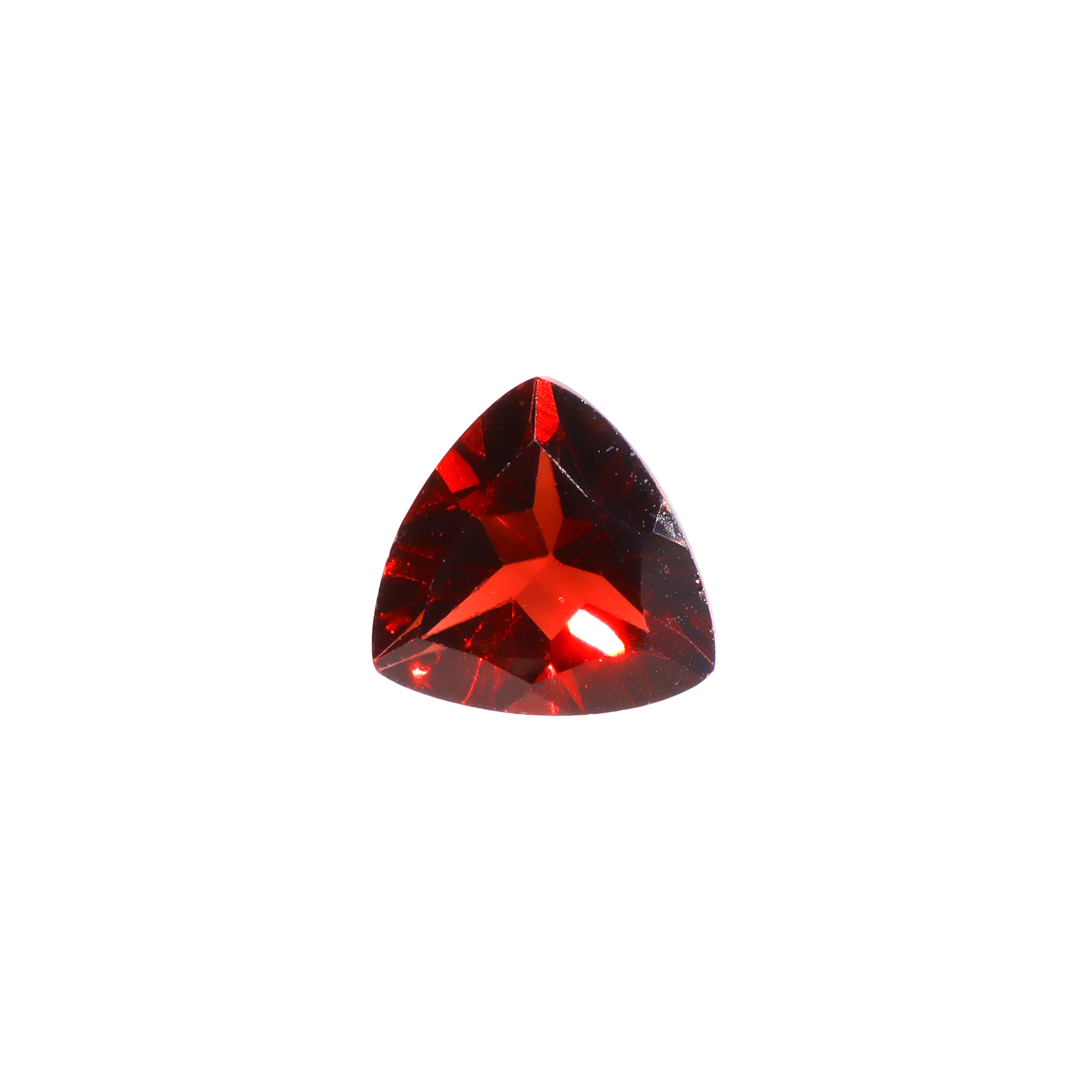A loose 9mm trilliant cut red Mozambican garnet gemstone on a white background. This brilliant, richly coloured garnet, January's birthstone, is perfect for creating custom fine jewellery: including engagement rings, cocktail rings, or a striking birthstone pendant for a loved one born in January. The colouring is a deep, rich scarlet red. The size is large, but small enough for use in everyday wearable jewellery - and is not limited to statement designs.