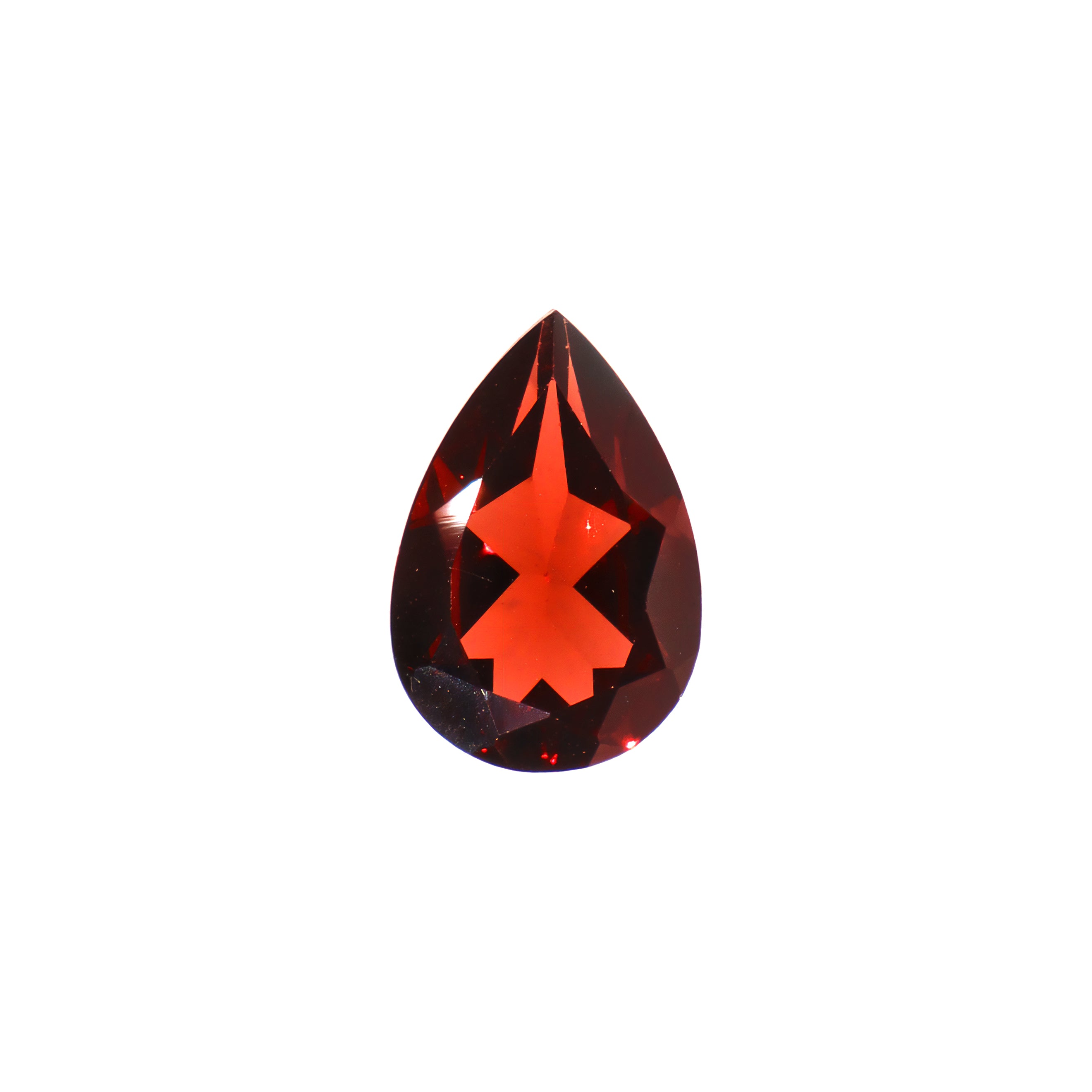 A loose 12mm trilliant cut red Mozambican garnet gemstone on a white background. This brilliant, richly coloured garnet, January's birthstone, is perfect for creating custom fine jewellery: including engagement rings, cocktail rings, or a striking birthstone pendant for a loved one born in January. The colouring is a deep, rich scarlet red.