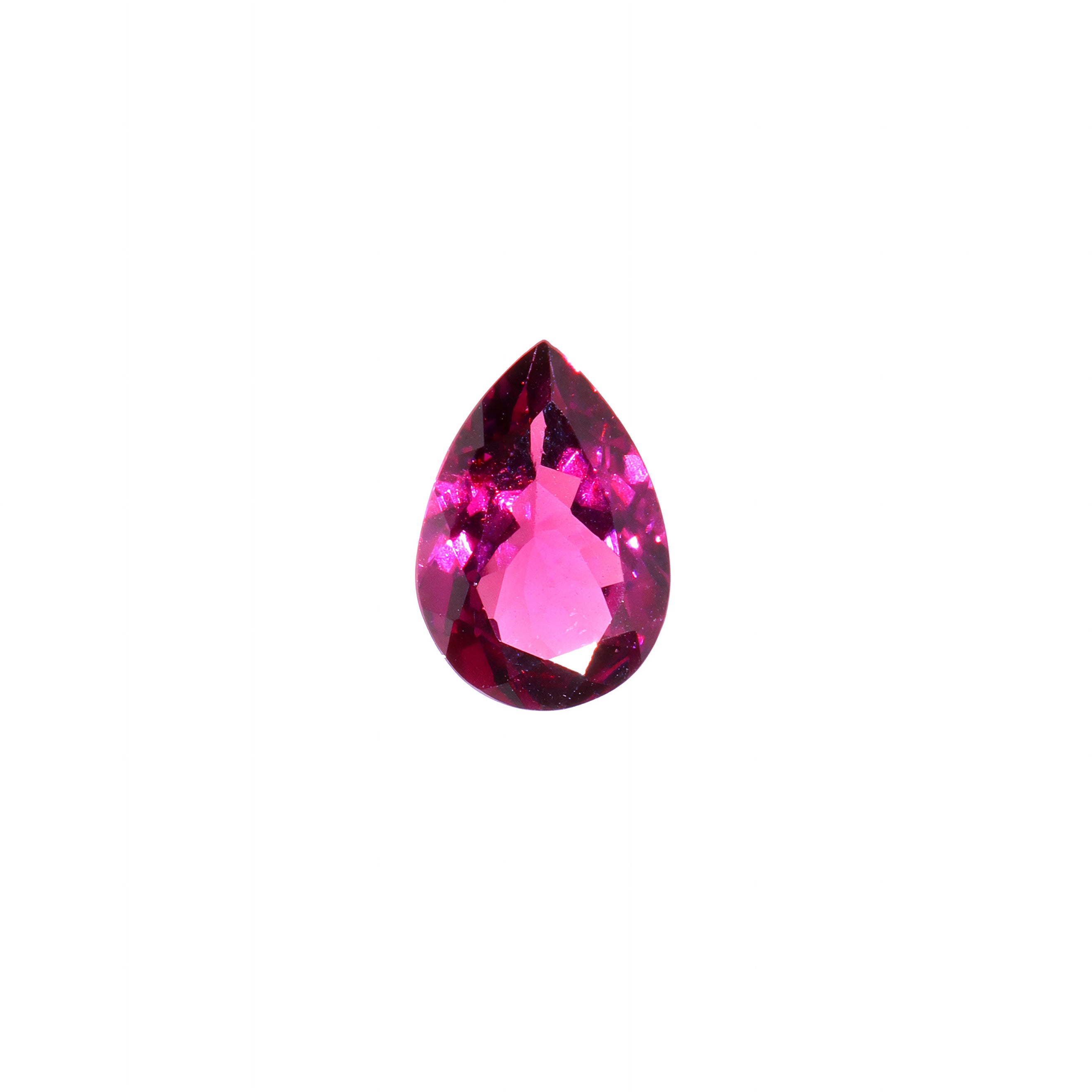 A loose 10x7mm pear deeply-coloured grape garnet gemstone on a white background. This large, brilliantly cut natural grape garnet displays a vibrant warm purple, winelike hue, perfect for use in bespoke luxury jewellery designs. An excellent choice for a January birthstone pendant, or as an addition to one's personal gemstone collection.