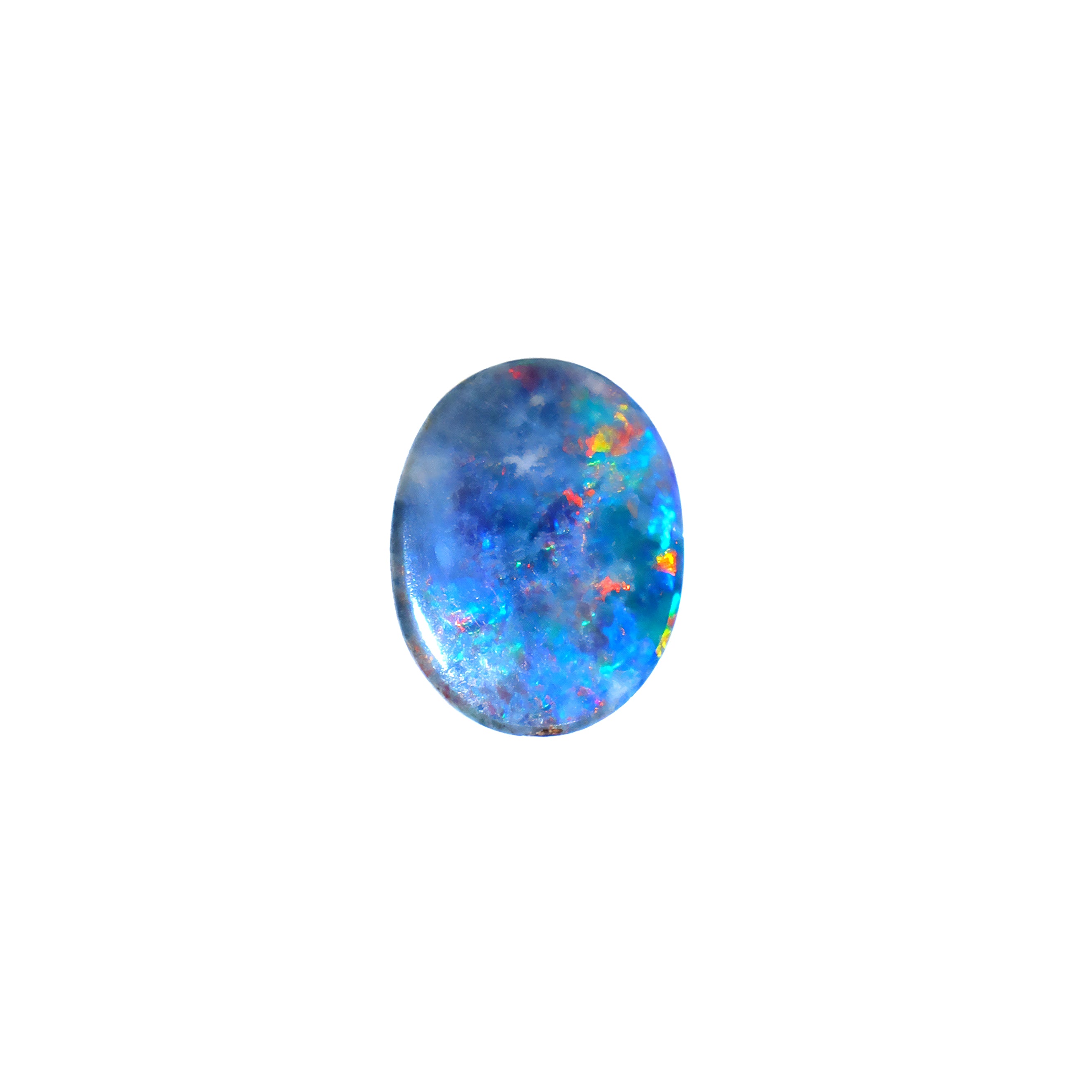 A product photo featuring a 10x8mm oval opal doublet on a white background. The gem displays a vibrant play-of-colour with flashes of green, red and blue against a dark base. Its substantial size makes it a perfect centre stone for a bespoke solitaire ring or statement pendant. A practical and high-impact October birthstone for custom jewellery designs.