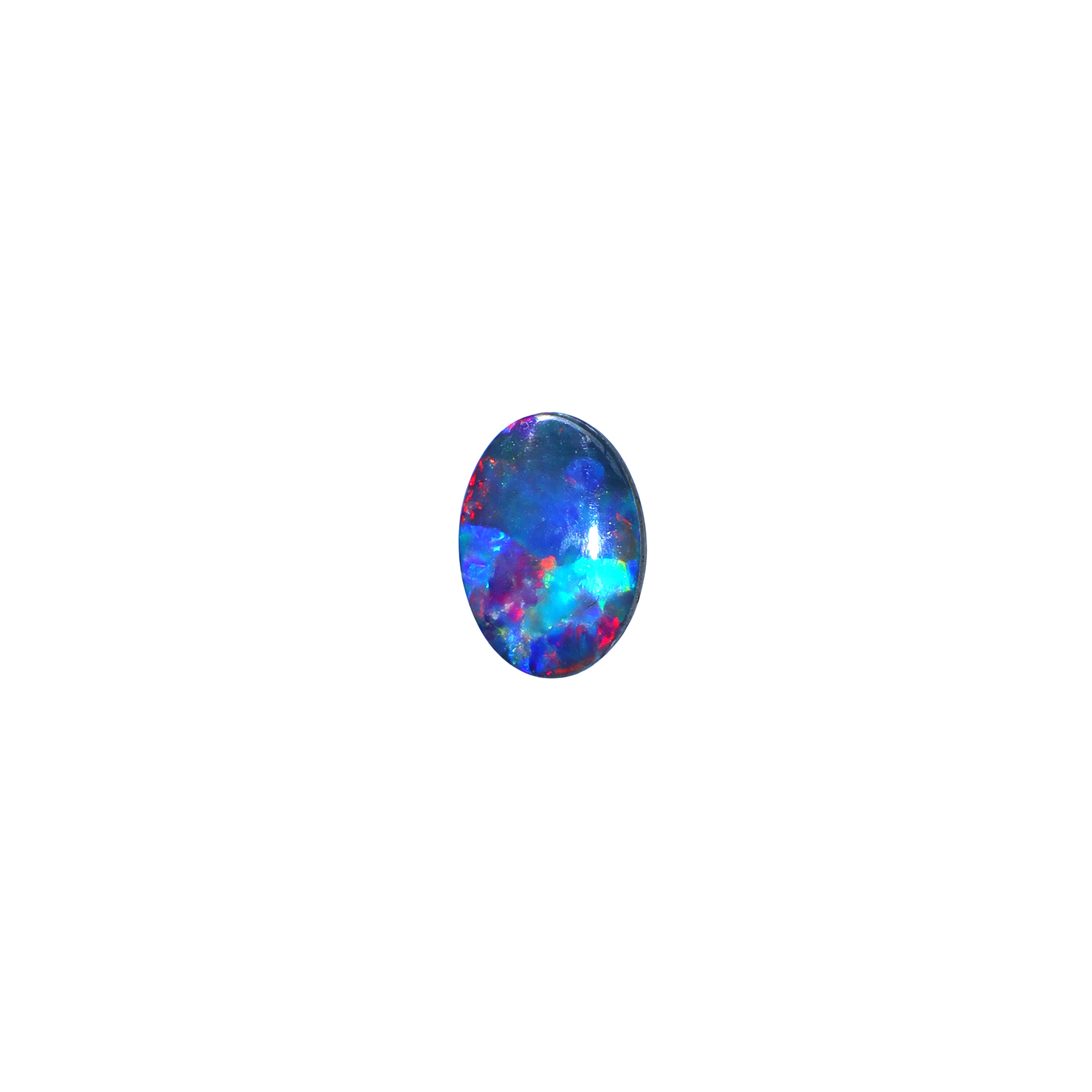 A product photo featuring a 7x5mm oval opal doublet on a white background. The stone shows a brilliant play-of-colour with distinct flashes of green and blue. Ideally suited for a delicate bespoke ring, a necklace charm or a dainty custom pendant. A beautiful and affordable October birthstone choice for elegant jewellery.