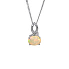 A product photo of a silver Ethiopian rainbow opal and moissanite necklace suspended against a white background. The Ethiopian rainbow opal is horizontally-oriented and held in place by 4 silver claws, connecting the gemstone to its unique bail, consisting of looping silver detailing and a single tiny moissanite detail where one loop intersects.