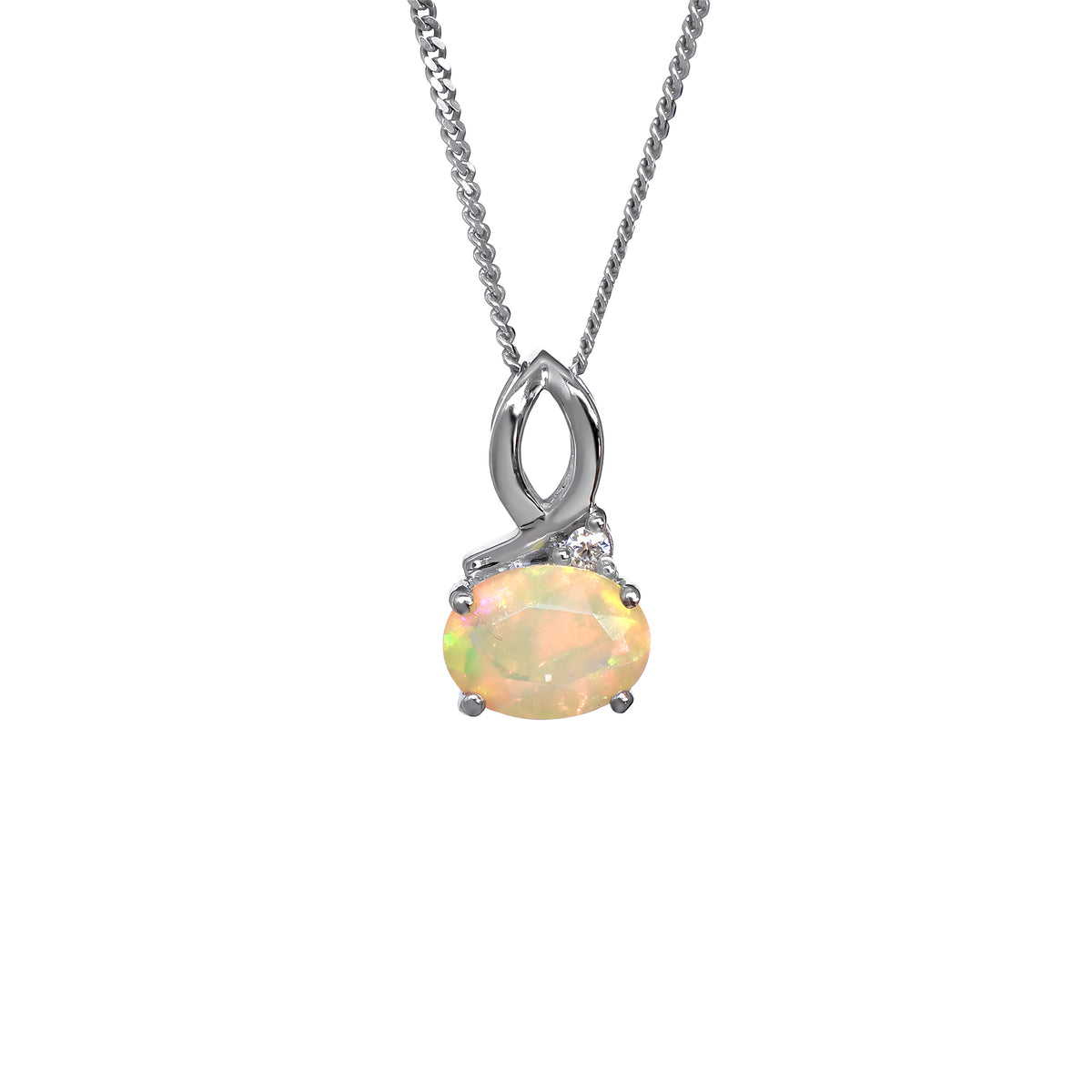 A product photo of a silver Ethiopian rainbow opal and moissanite necklace suspended against a white background. The Ethiopian rainbow opal is horizontally-oriented and held in place by 4 silver claws, connecting the gemstone to its unique bail, consisting of looping silver detailing and a single tiny moissanite detail where one loop intersects.