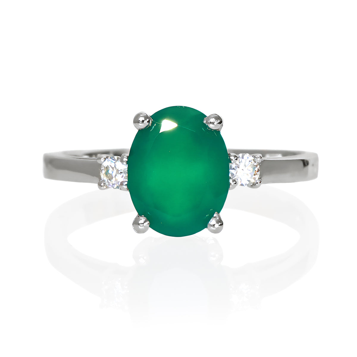 A product photo of a dainty and elegant silver ring with a stunning trio of green onyx and moissanites sitting against a white background. The large centre stone is hugged by two smaller circular white moissanites on either side.