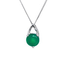 A product photo of a sleek silver pendant necklace with an 8mm round green onyx gemstone against a white background. The vibrant, translucent green stone is securely held by three delicate silver prongs beneath an elegant, polished teardrop-shaped bail. The pendant hangs from a fine silver curb chain.
