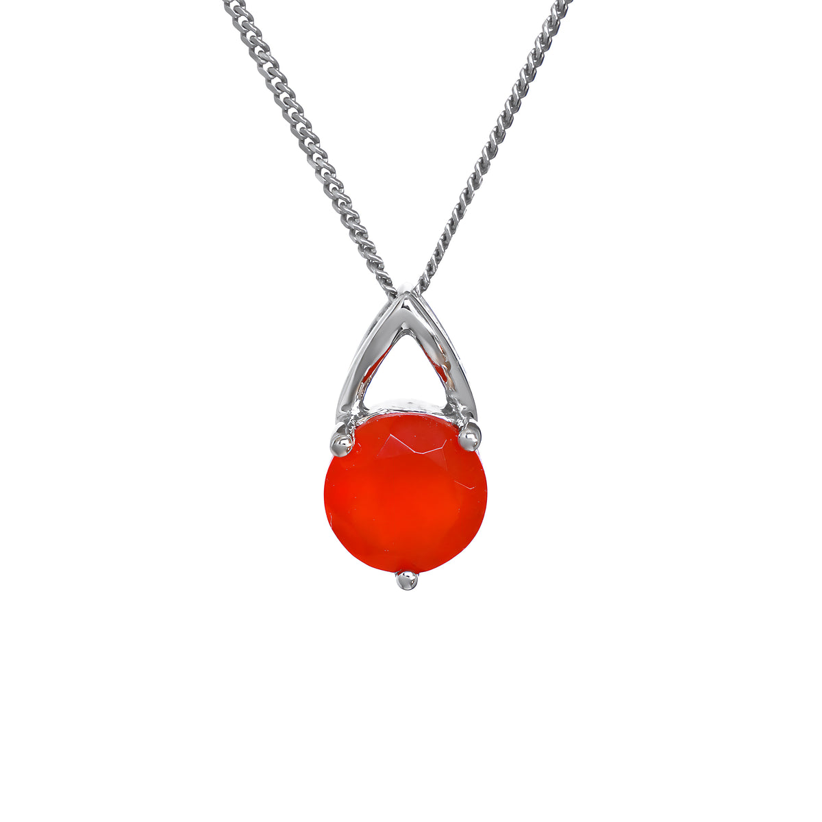 A product photo of a sleek silver pendant necklace with an 8mm round carnelian gemstone against a white background. The vibrant, translucent orange stone is securely held by three delicate silver prongs beneath an elegant, polished teardrop-shaped bail. The pendant hangs from a fine silver curb chain.