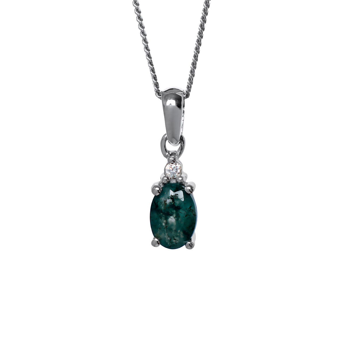 A product photo of a sterling silver moss agate and moissanite necklace sitting against a white background. The beautifully unique moss agate stone is held in place by 4 pairs of claws at its top and bottom, with a single white moissanites connecting the stone to the rest of the pendant. It is suspended by a simple sterling silver chain.