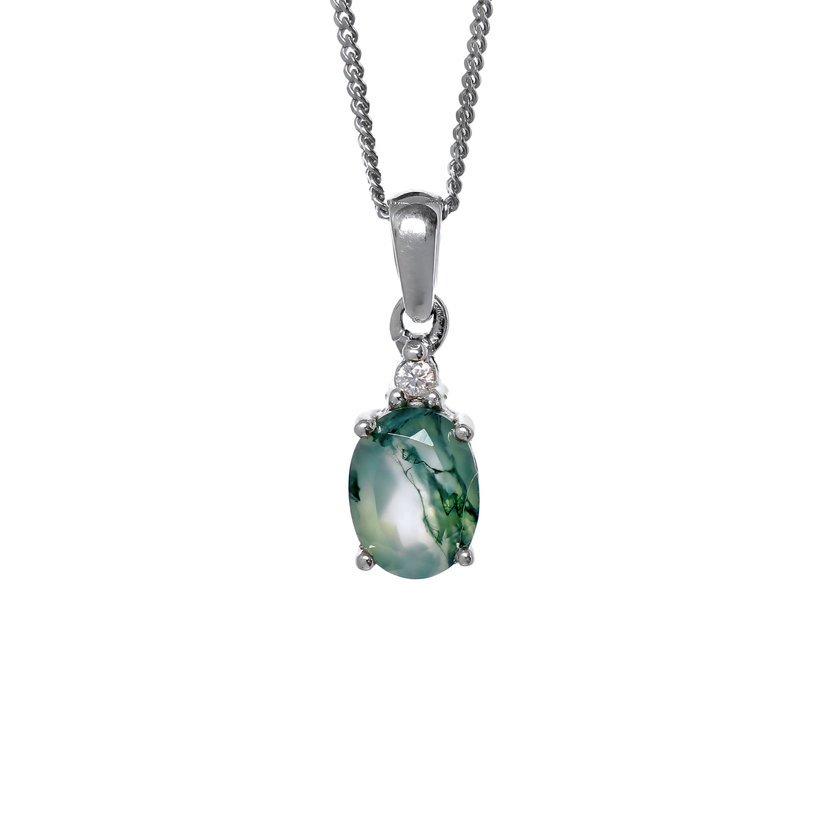 A product photo of a silver moss agate and moissanite necklace suspended against a white background. The beautifully unique moss agate stone is held in place by 4 pairs of claws at its top and bottom, with a singular white moissanite connecting the stone to the rest of the pendant. It is suspended by a simple silver chain.