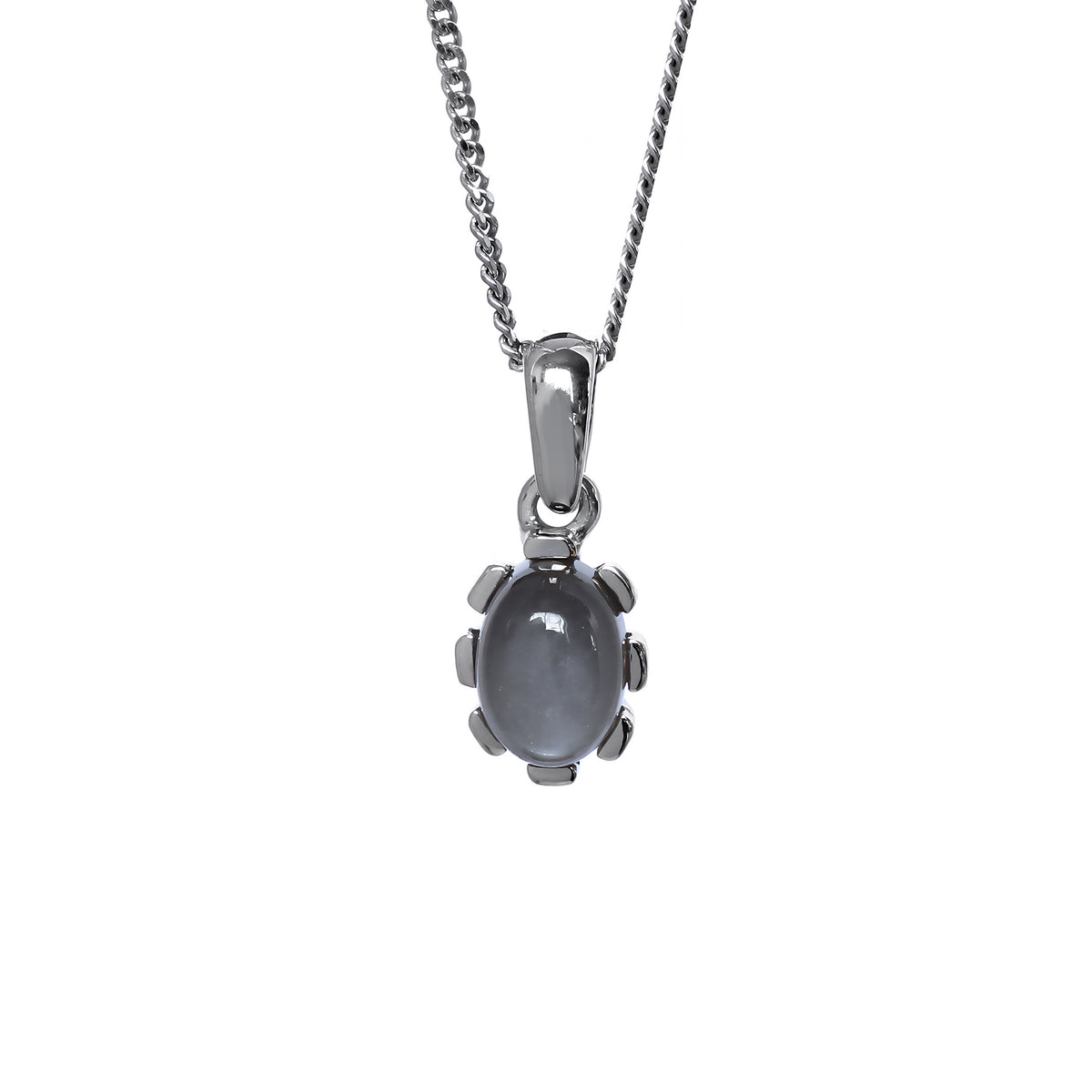 A product photo of a cabochon grey moonstone set in solid sterling silver suspended by a silver chain over a white background. The smooth cabochon moonstone is framed by flowery sterling silver detailing.